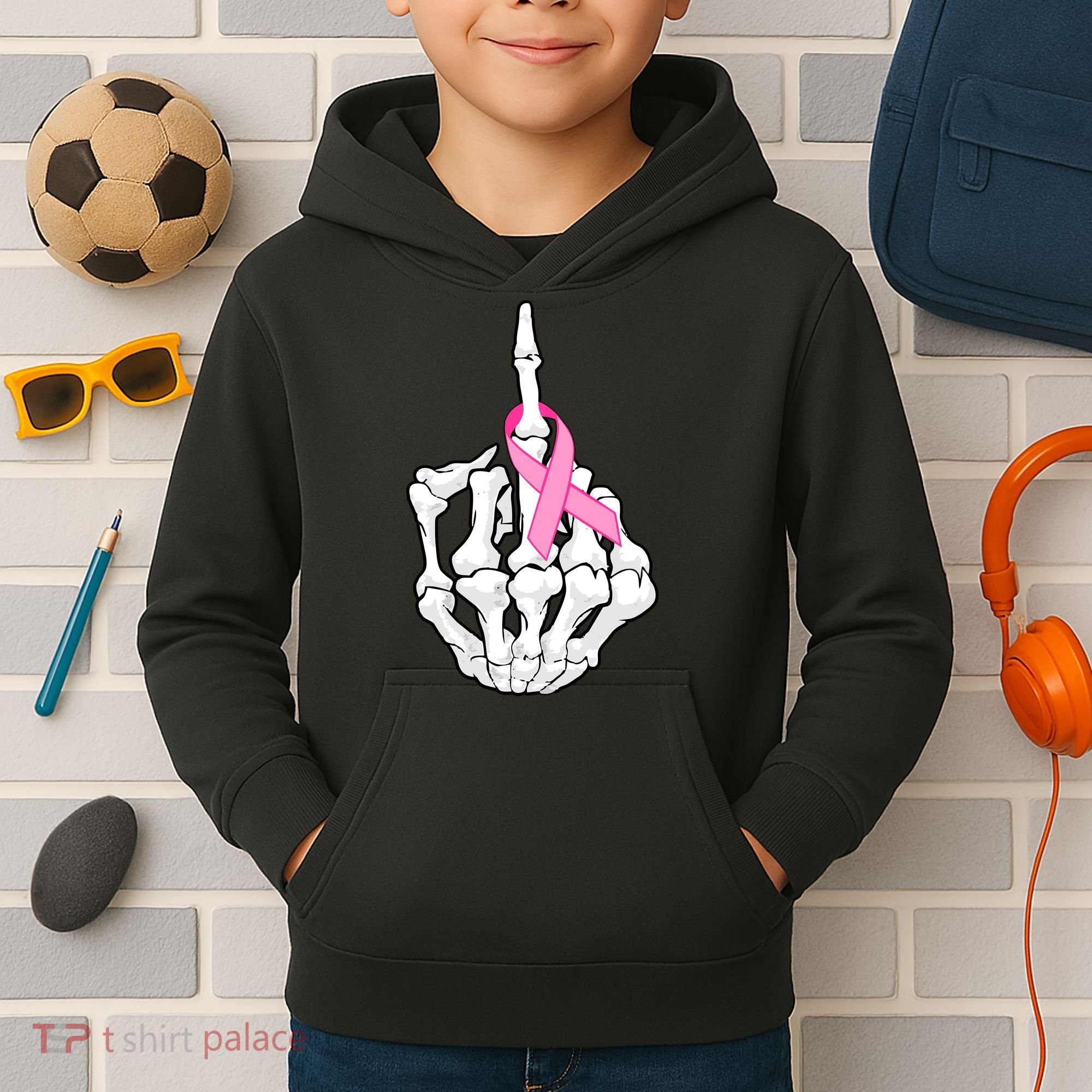 Breast Cancer Skeleton Middle Finger Ribbon Kids Hoodie