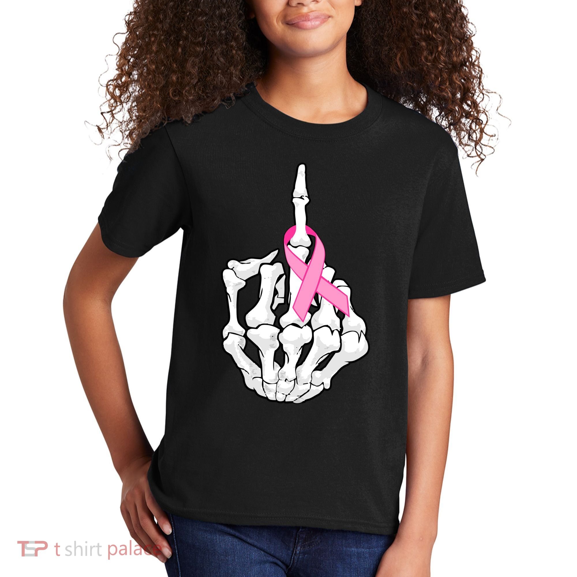 Breast Cancer Skeleton Middle Finger Ribbon Kids T-Shirt