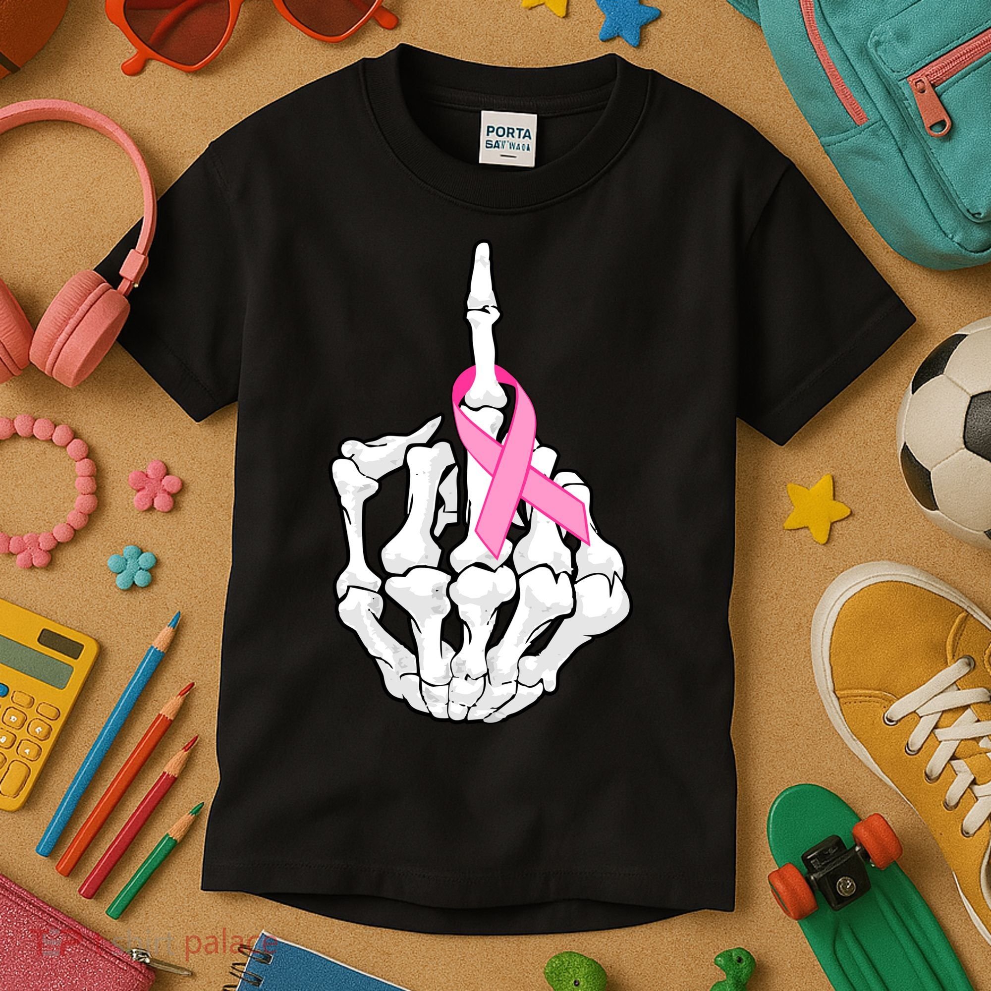 Breast Cancer Skeleton Middle Finger Ribbon Kids T-Shirt