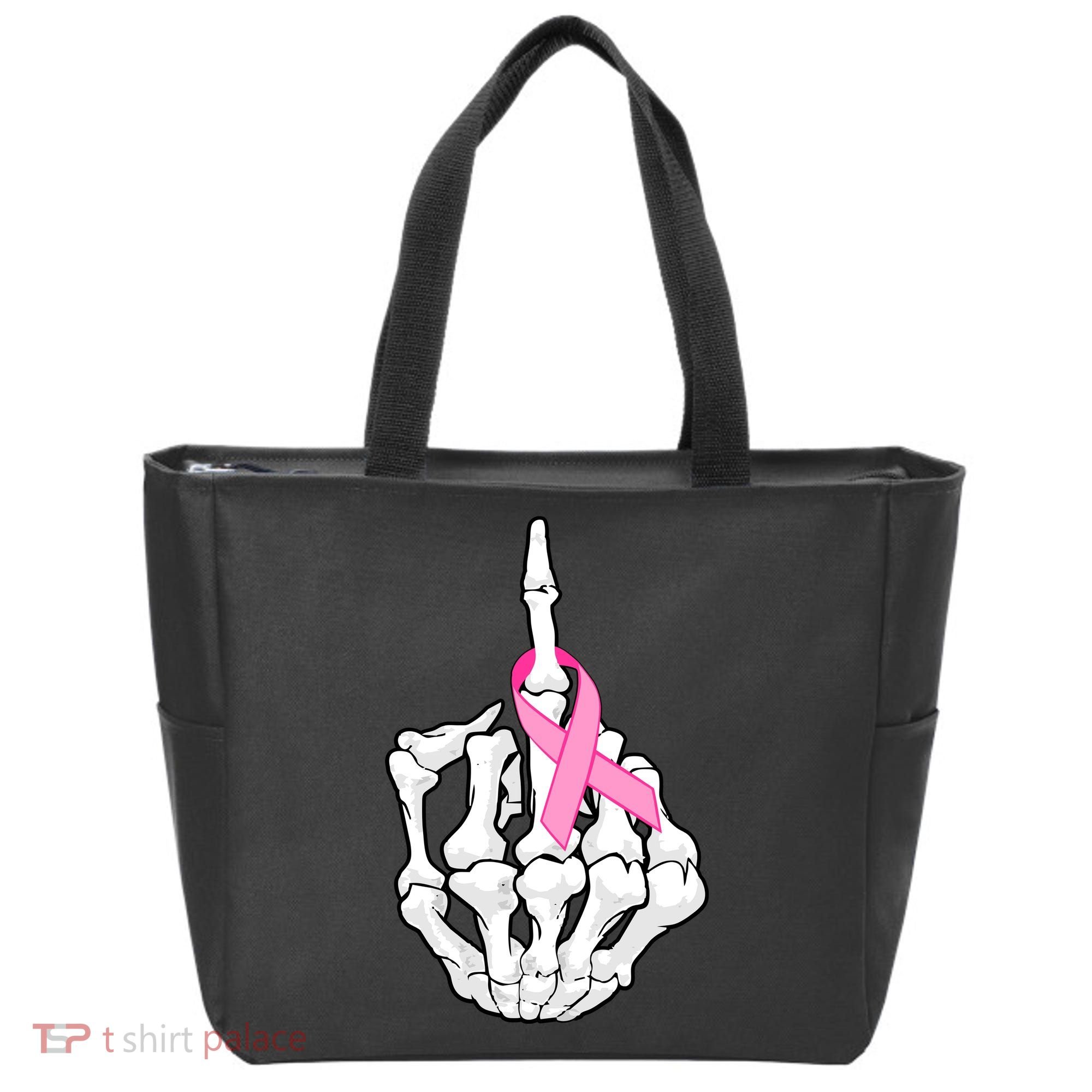 Breast Cancer Skeleton Middle Finger Ribbon Tote Bag