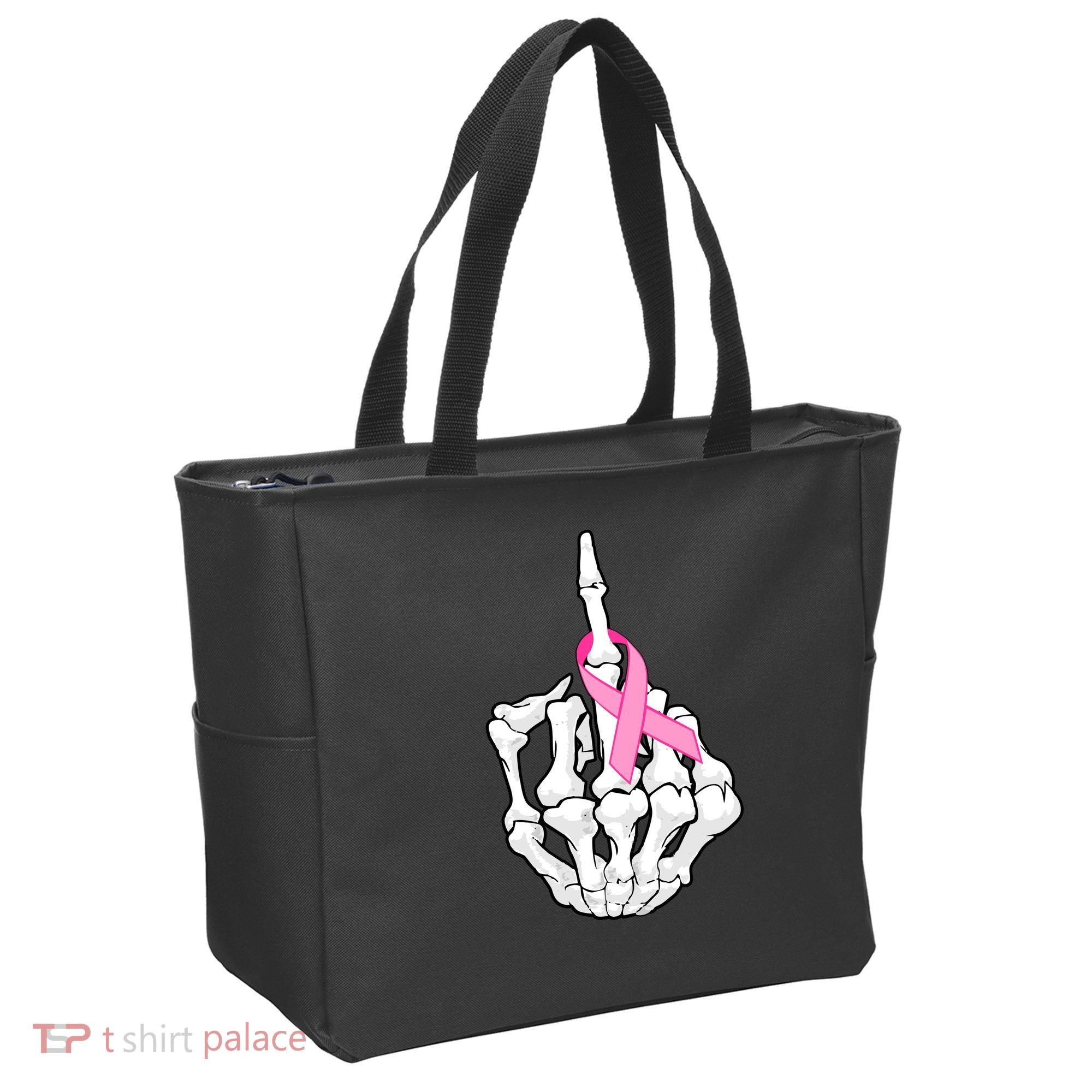 Breast Cancer Skeleton Middle Finger Ribbon Tote Bag
