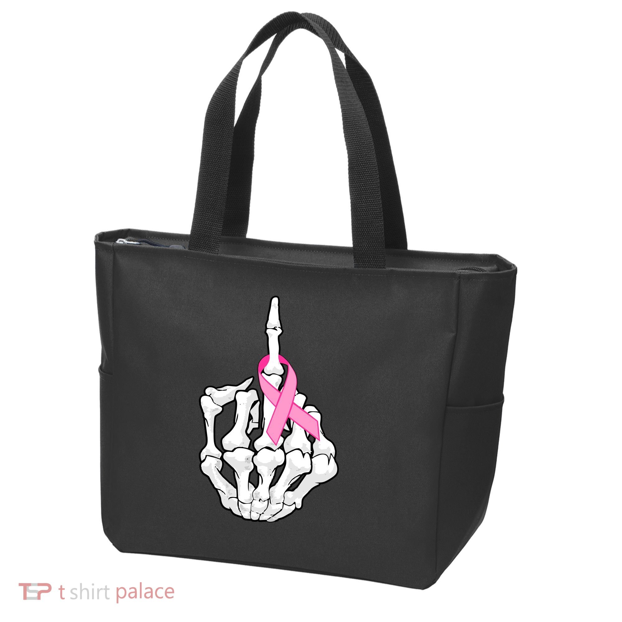 Breast Cancer Skeleton Middle Finger Ribbon Tote Bag