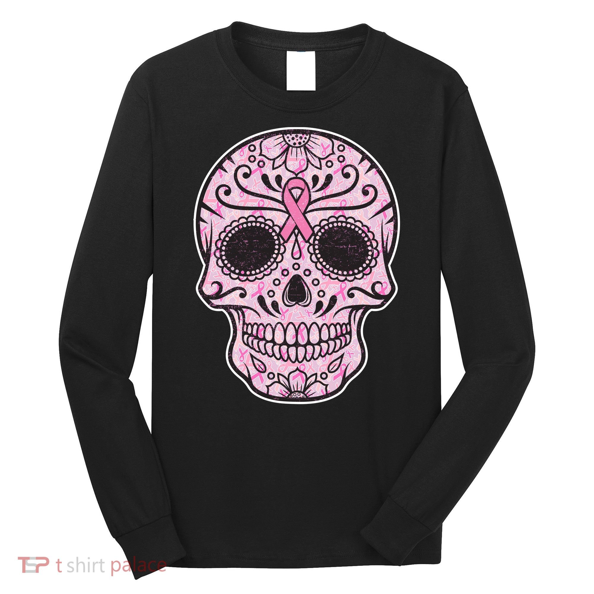 Breast Cancer Sugar Skull Day Of The Dead Dia De Los Muertos Long Sleeve Shirt