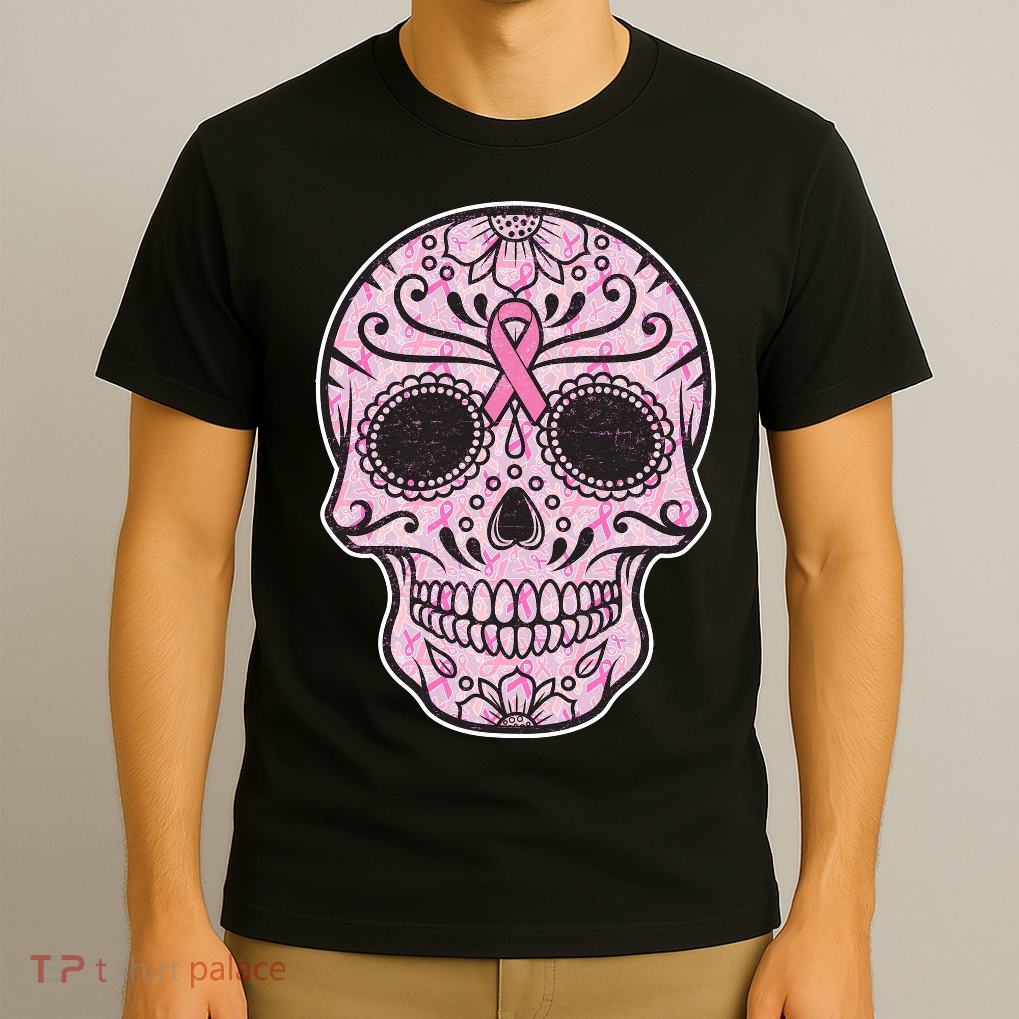 Breast Cancer Sugar Skull Day Of The Dead Dia De Los Muertos T-Shirt