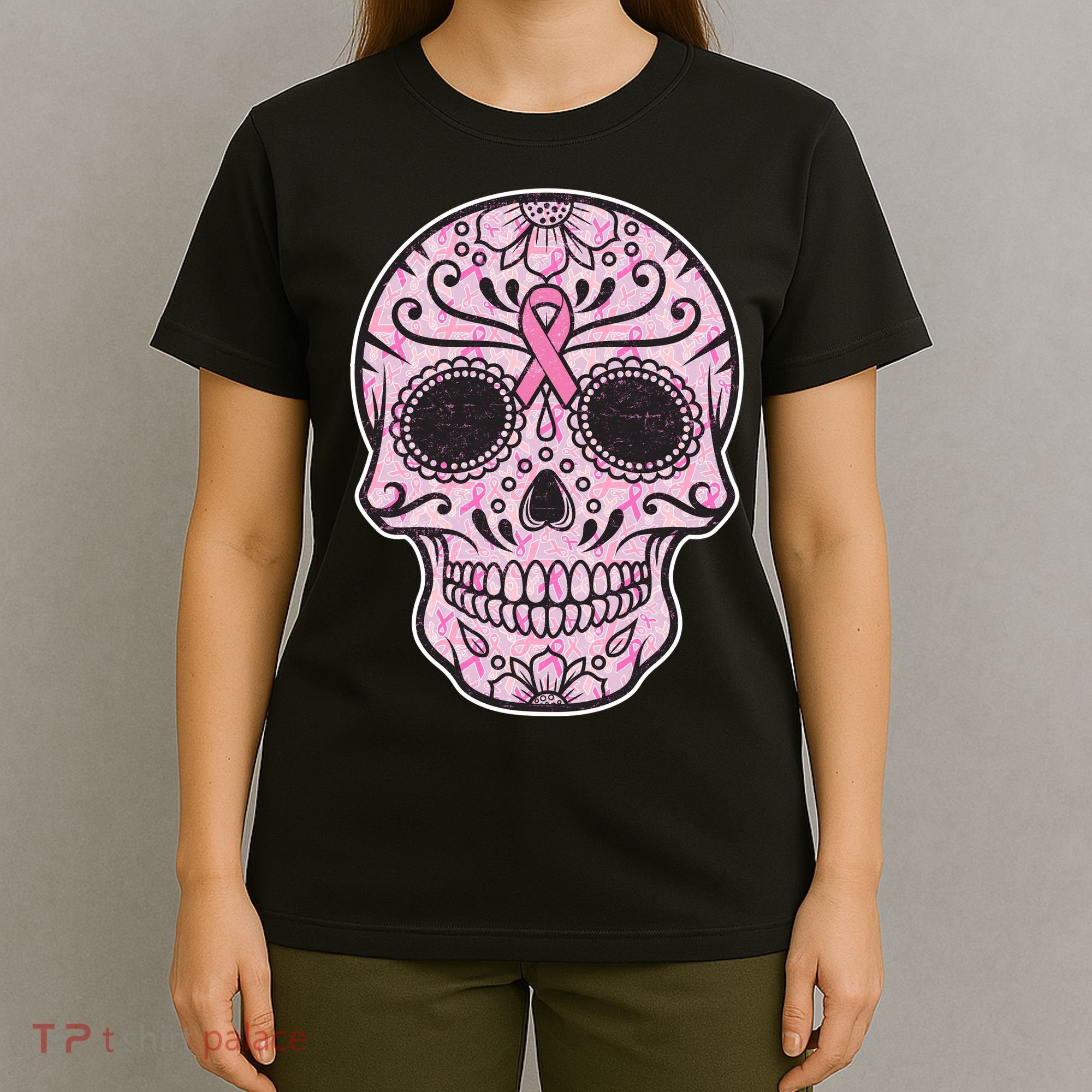 Breast Cancer Sugar Skull Day Of The Dead Dia De Los Muertos T-Shirt