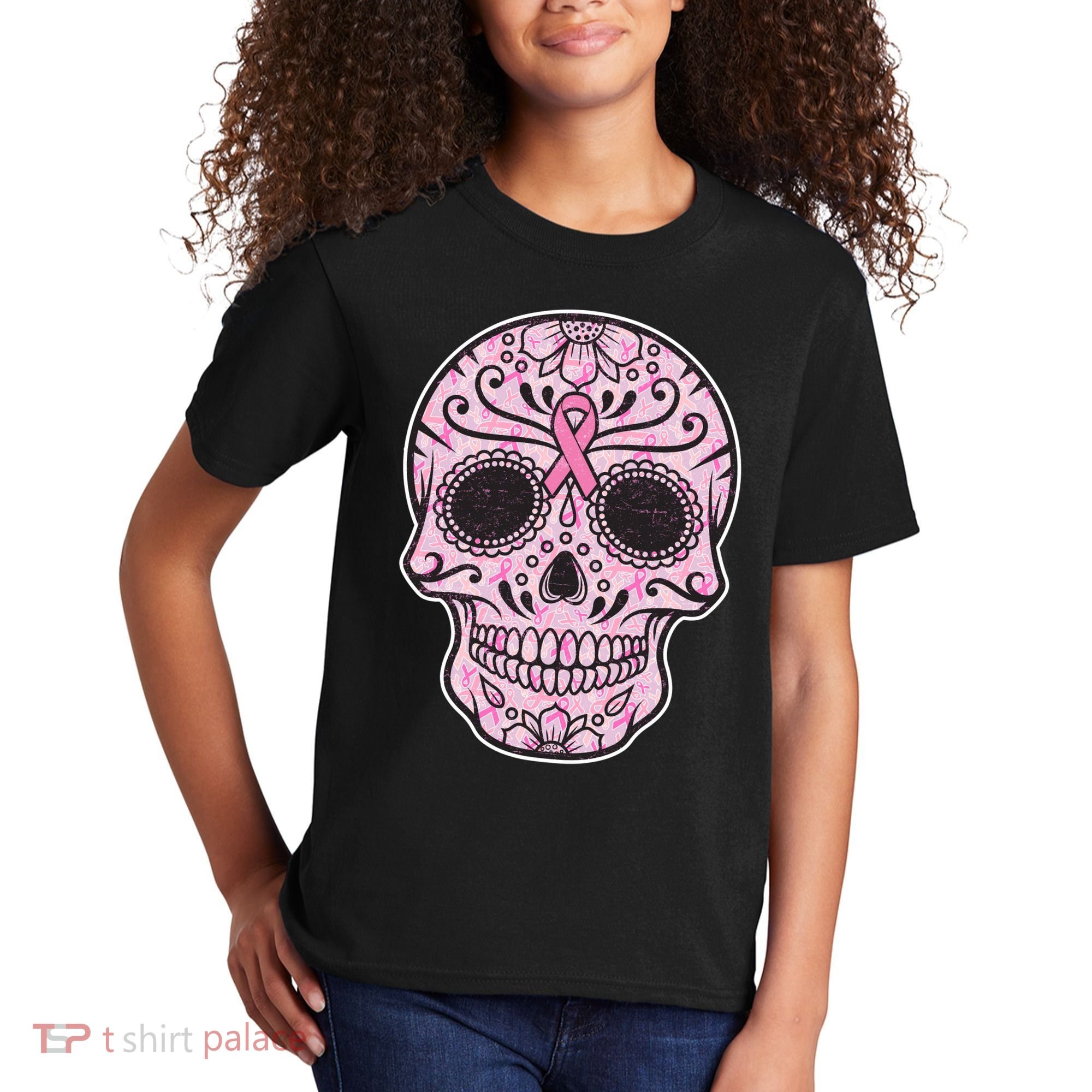 Breast Cancer Sugar Skull Day Of The Dead Dia De Los Muertos Kids T-Shirt