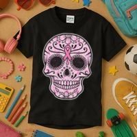 Breast Cancer Sugar Skull Day Of The Dead Dia De Los Muertos Kids T-Shirt thumb 3