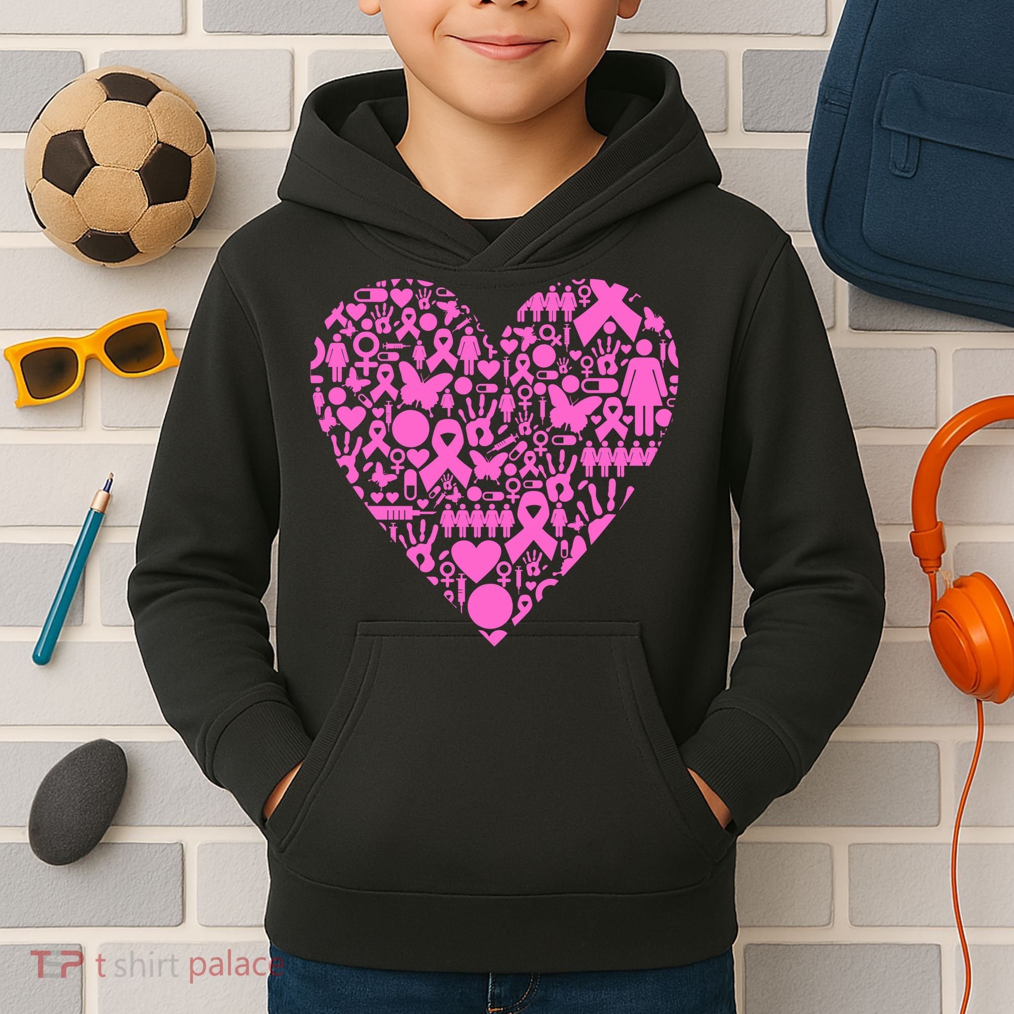 Breast Cancer Unity Heart Mash Up Kids Hoodie