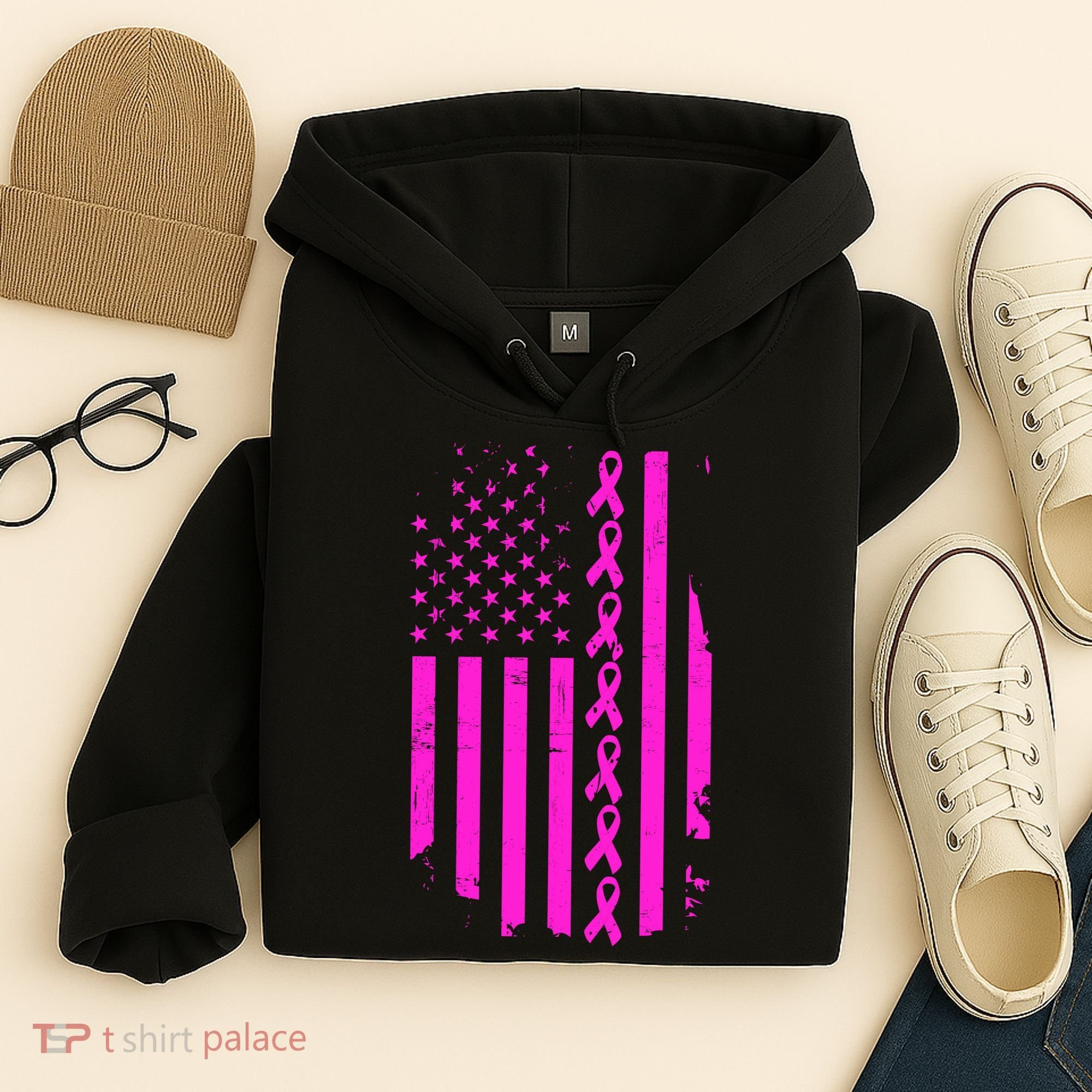 Breast Cancer USA Ribbon Flag Hoodie