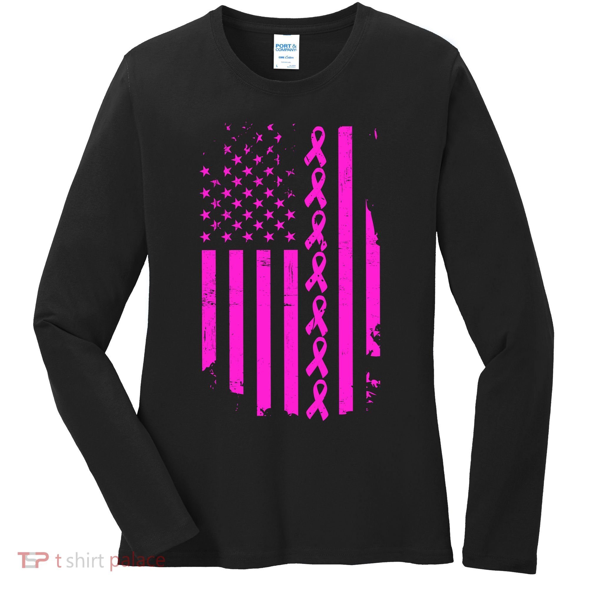Breast Cancer USA Ribbon Flag Women's Long Sleeve Shirt