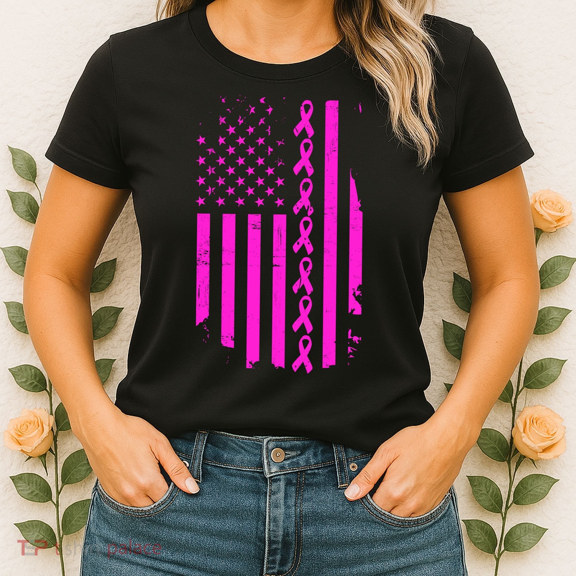 Breast Cancer USA Ribbon Flag Women's T-Shirt