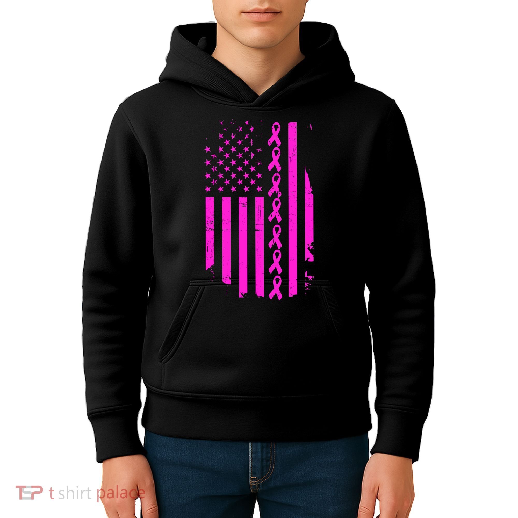Breast Cancer USA Ribbon Flag Kids Hoodie
