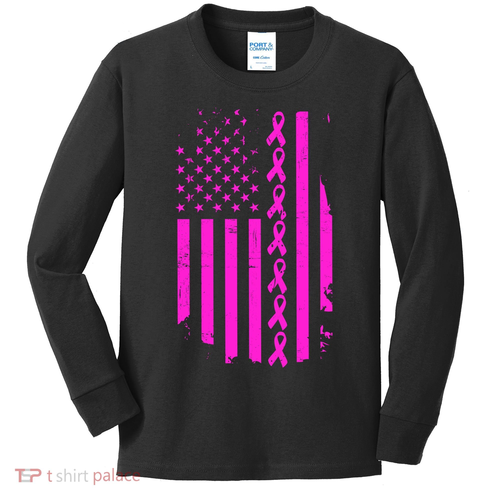 Breast Cancer USA Ribbon Flag Kids Long Sleeve Shirt