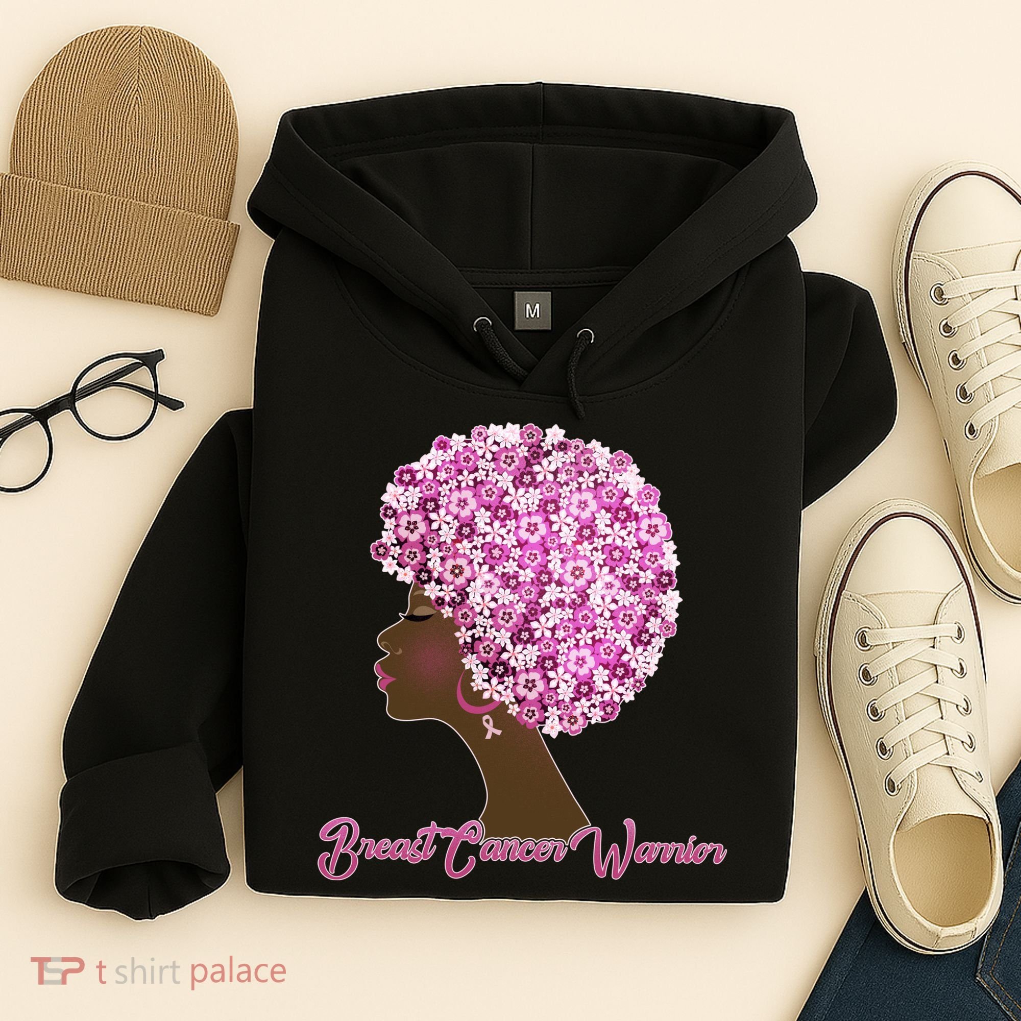 Breast Cancer Warrior Flower Afro Hoodie