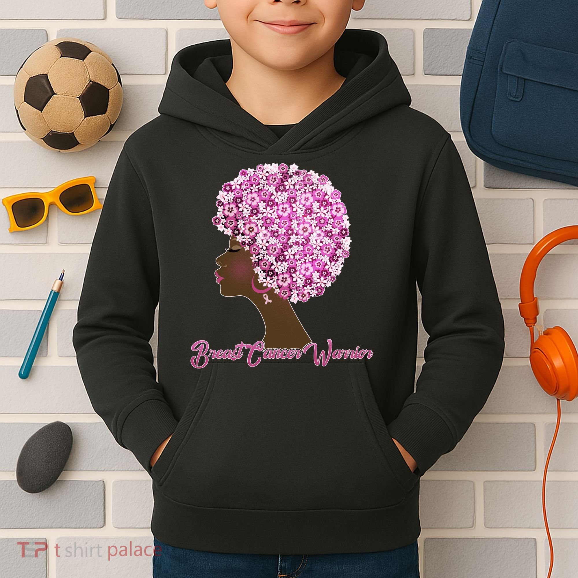 Breast Cancer Warrior Flower Afro Kids Hoodie