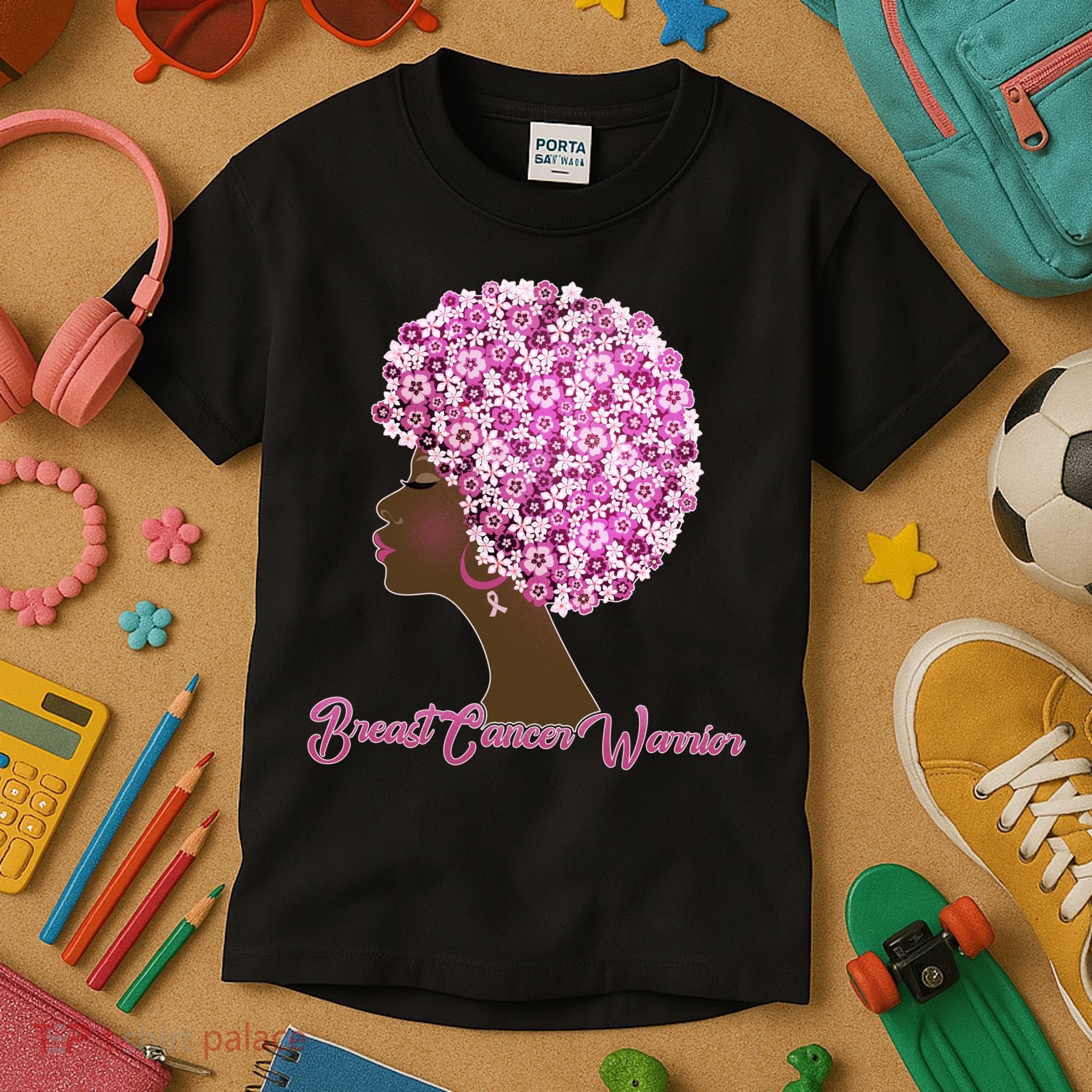 Breast Cancer Warrior Flower Afro Kids T-Shirt