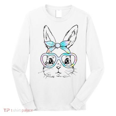 Bunny Rabbit Face Glasses Girl Happy Easter Day Long Sleeve Shirt