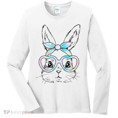 Bunny Rabbit Face Glasses Girl Happy Easter Day Women's Long Sleeve Shirt