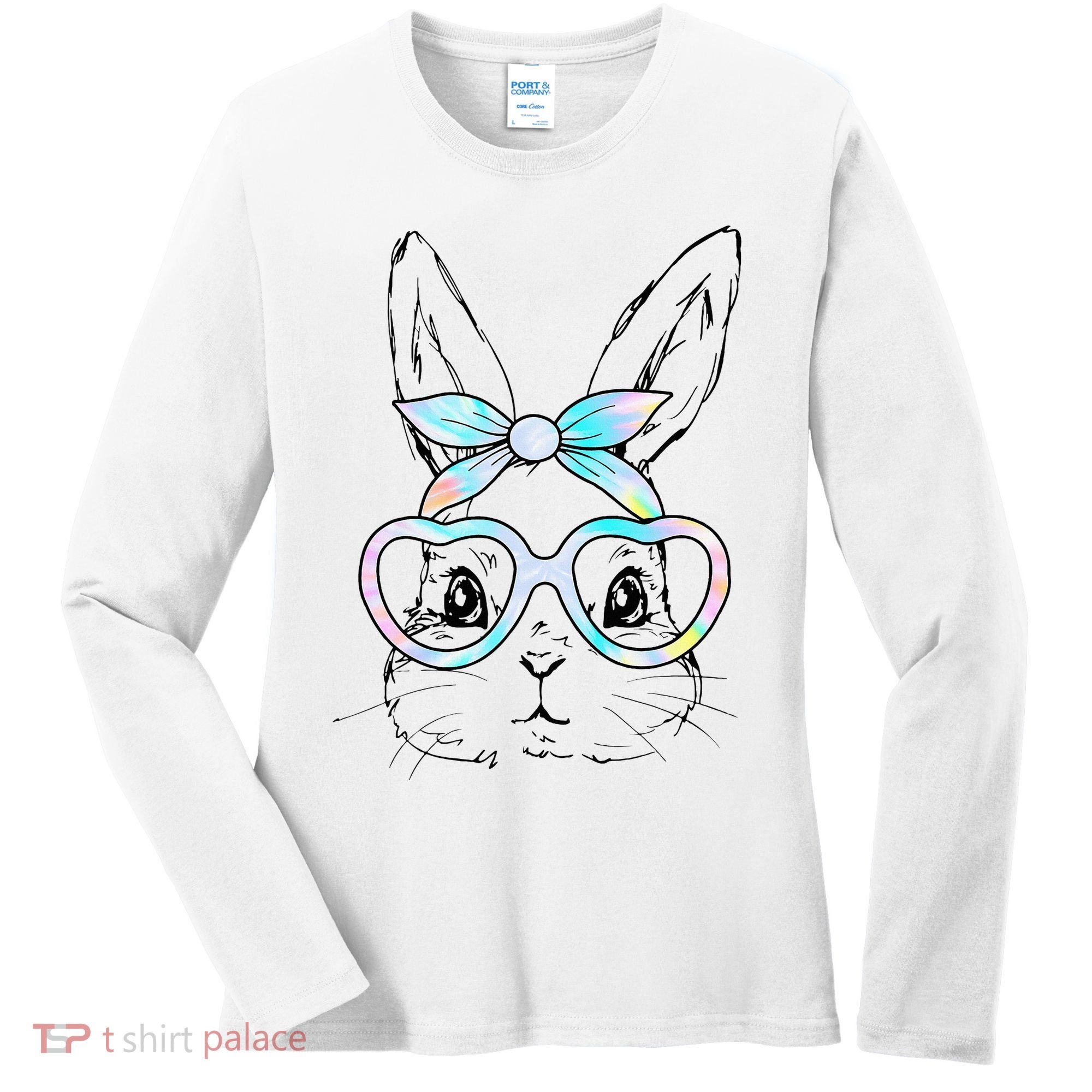 Bunny Rabbit Face Glasses Girl Happy Easter Day Women's Long Sleeve Shirt