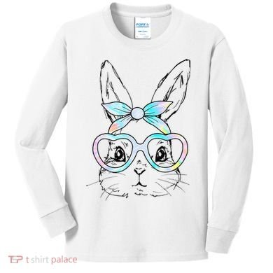 Bunny Rabbit Face Glasses Girl Happy Easter Day Kids Long Sleeve Shirt