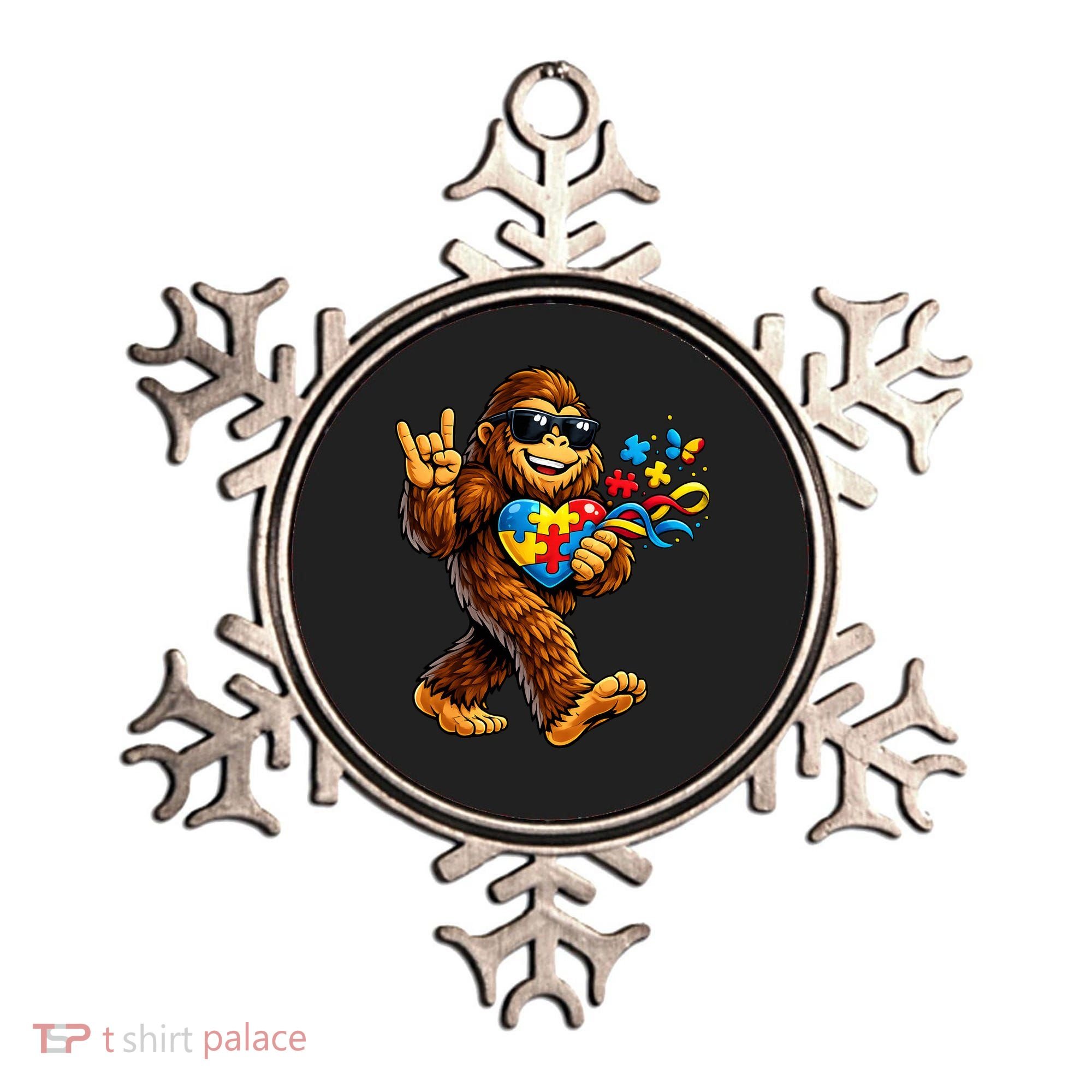 Bigfoot Rock Hand Autism Awareness Puzzle Ornament