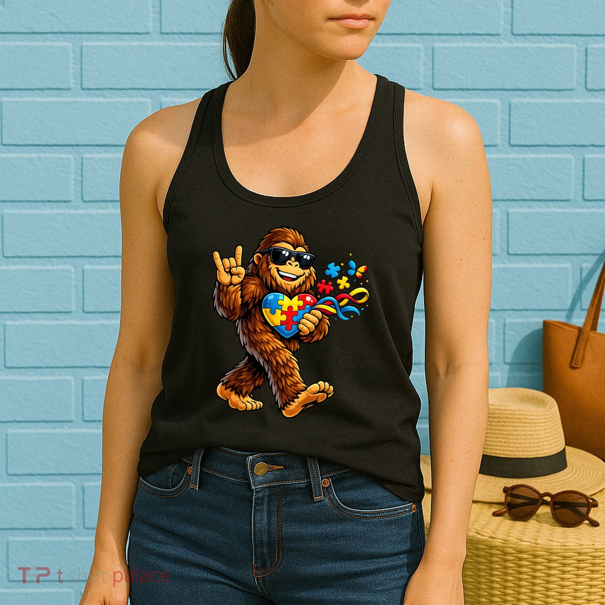 Bigfoot Rock Hand Autism Awareness Puzzle Women's Tank Top