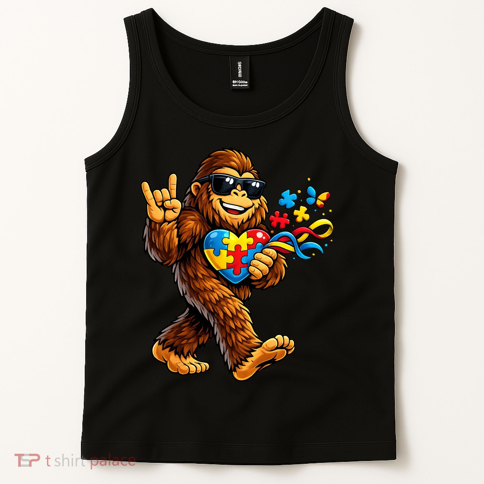 Bigfoot Rock Hand Autism Awareness Puzzle Tank Top
