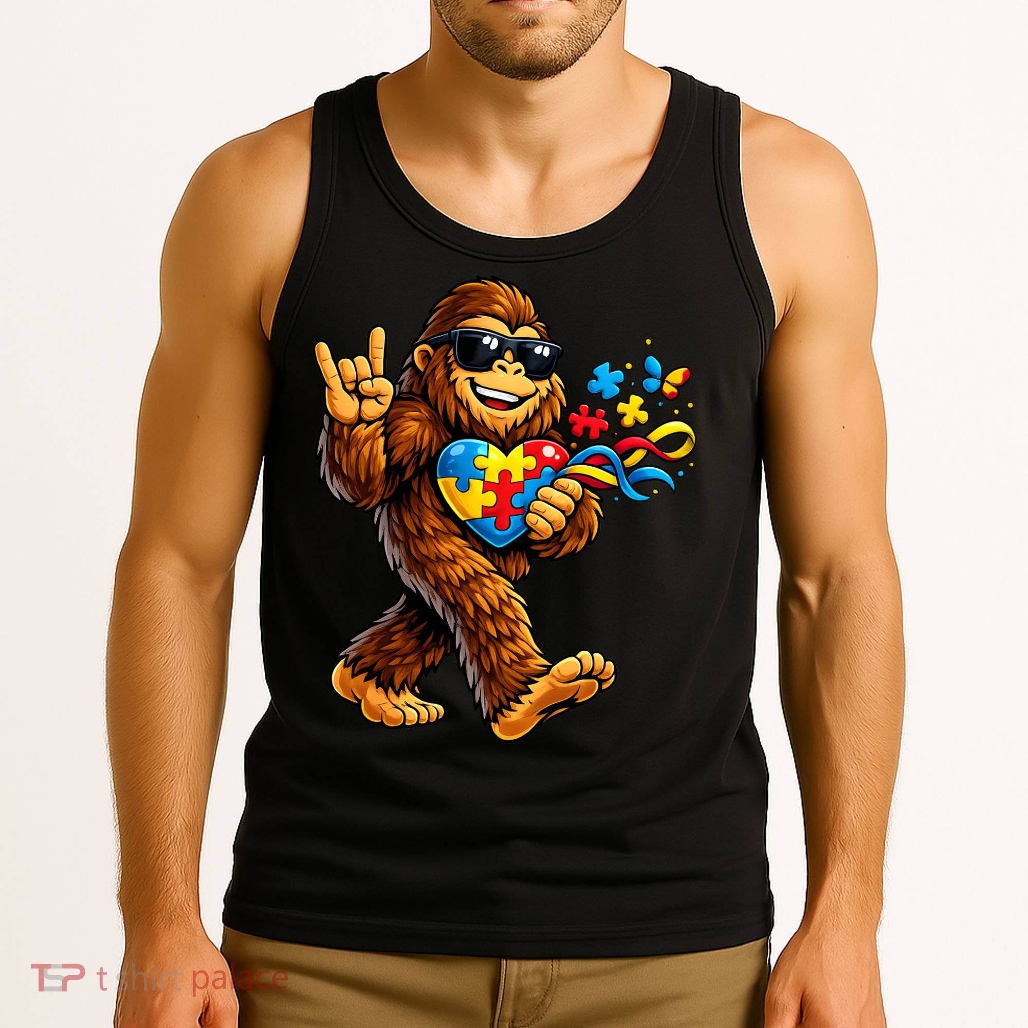 Bigfoot Rock Hand Autism Awareness Puzzle Tank Top