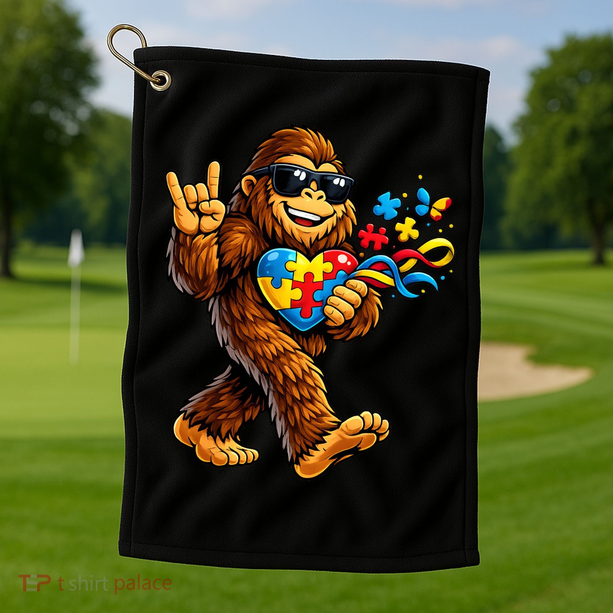 Bigfoot Rock Hand Autism Awareness Puzzle Golf Towel
