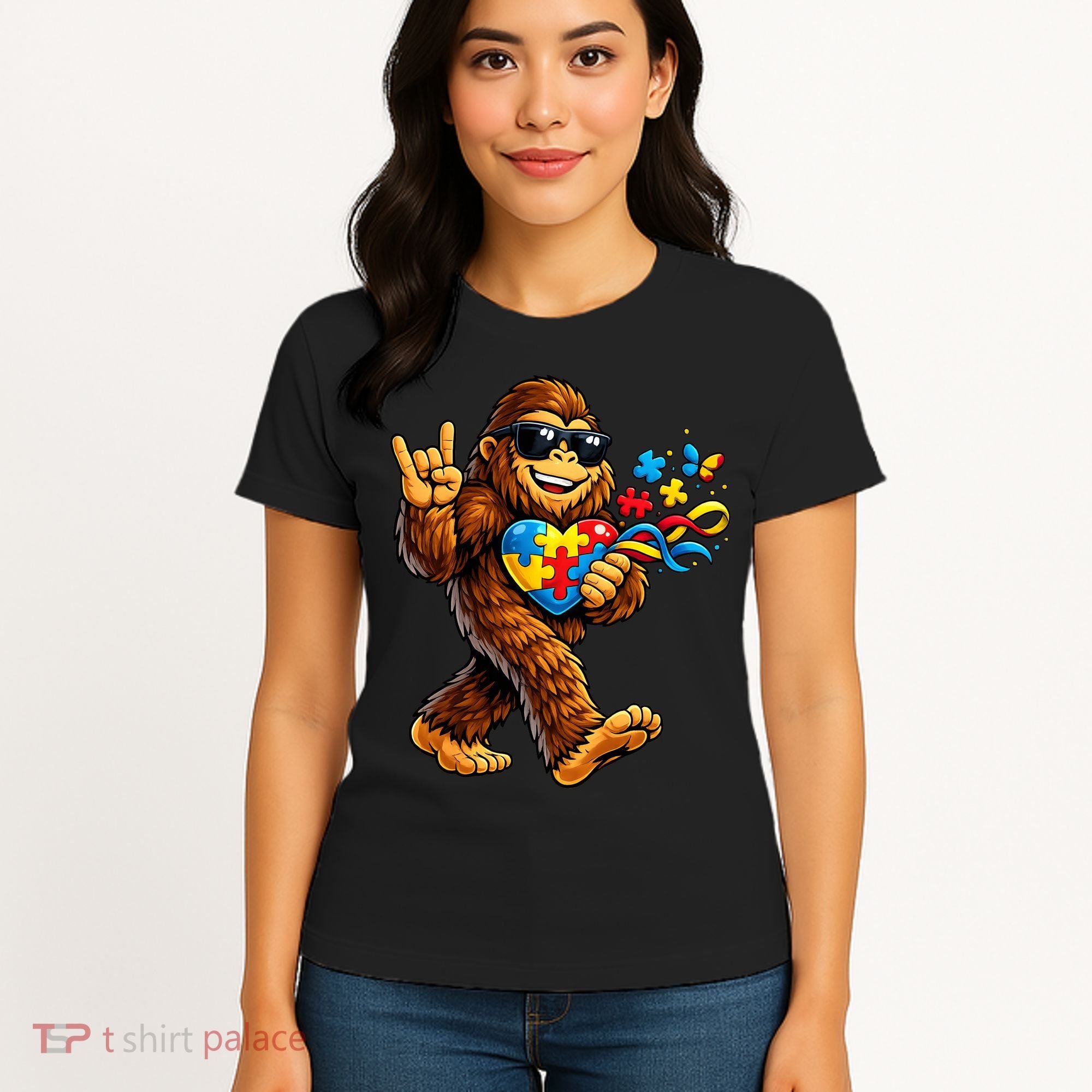 Bigfoot Rock Hand Autism Awareness Puzzle Women's T-Shirt