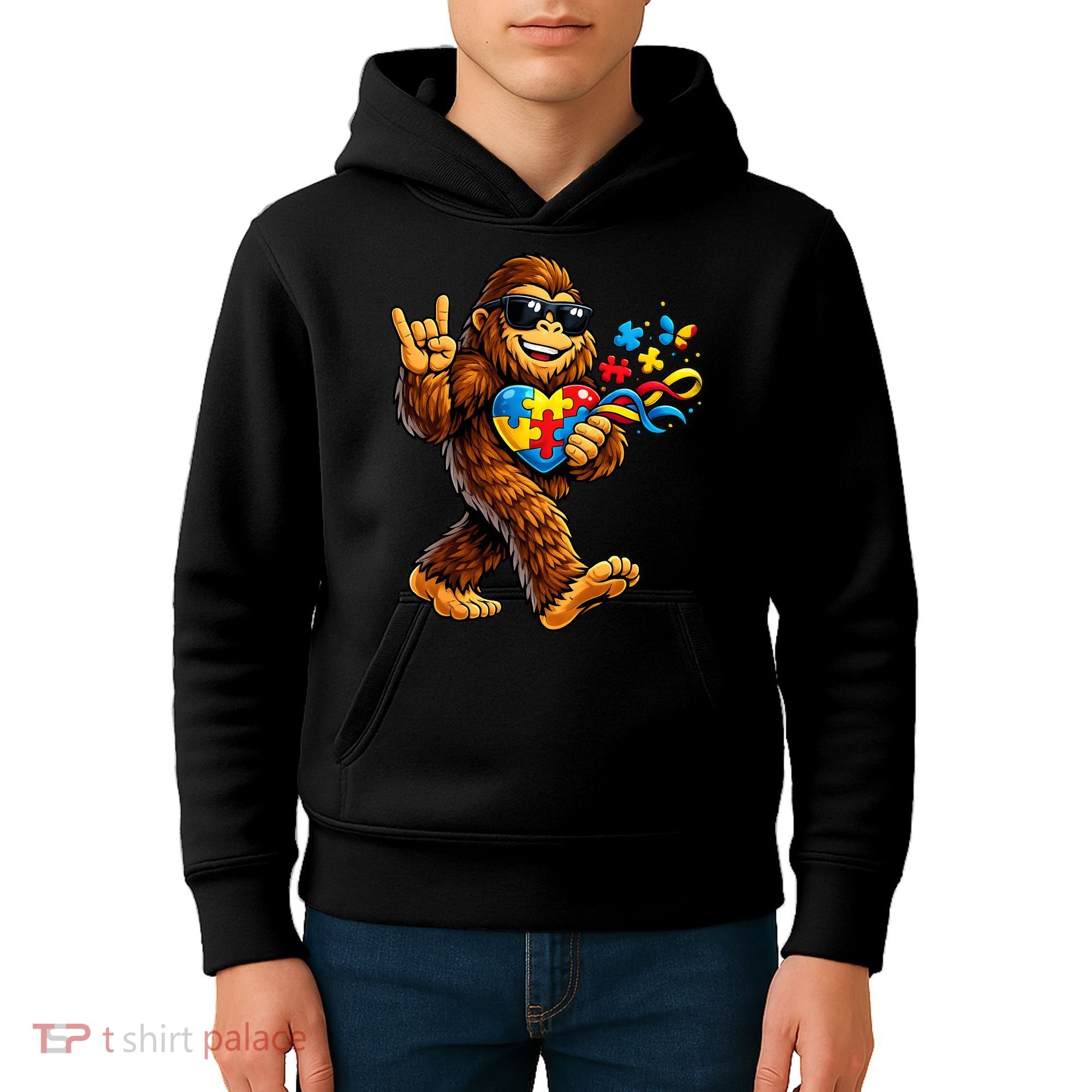 Bigfoot Rock Hand Autism Awareness Puzzle Kids Hoodie