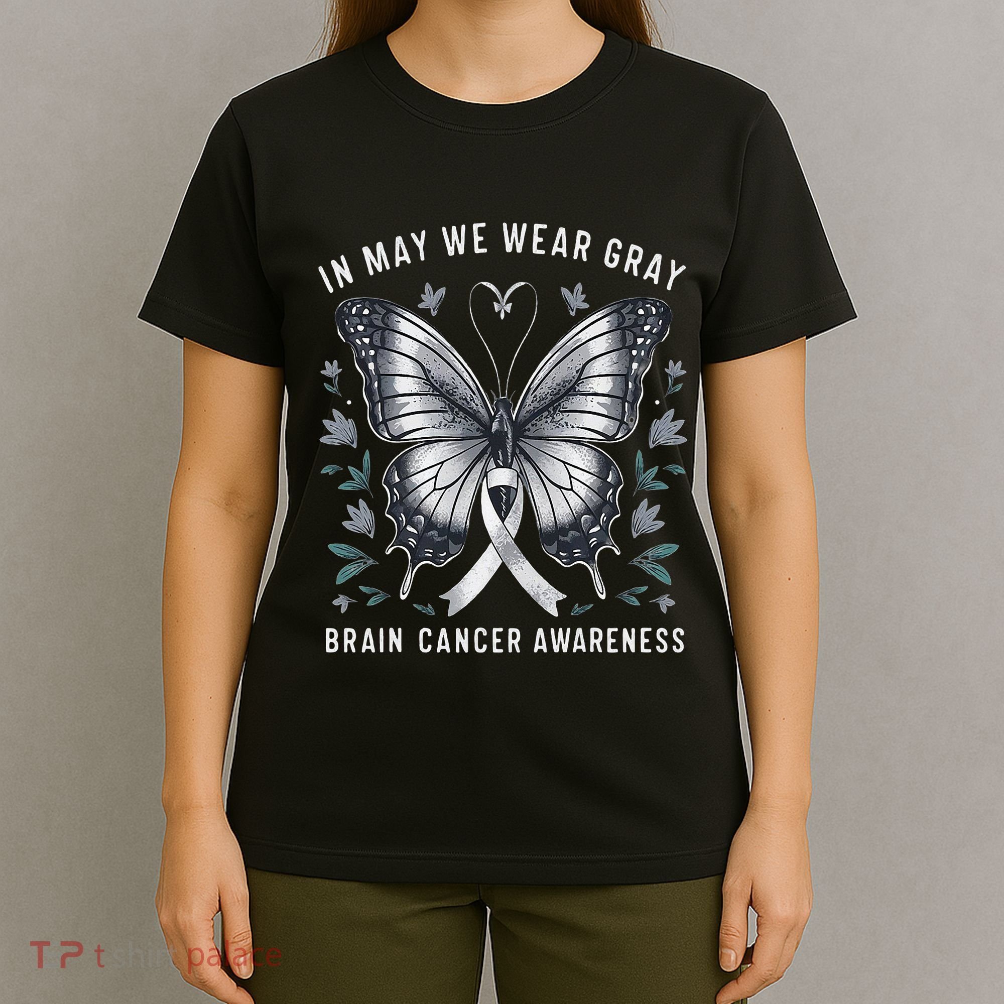 Butterfly Ribbon In May We Wear Gray Brain Cancer Awareness T-Shirt