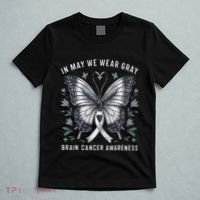 Butterfly Ribbon In May We Wear Gray Brain Cancer Awareness T-Shirt thumb 5