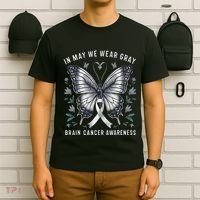 Butterfly Ribbon In May We Wear Gray Brain Cancer Awareness T-Shirt thumb 6