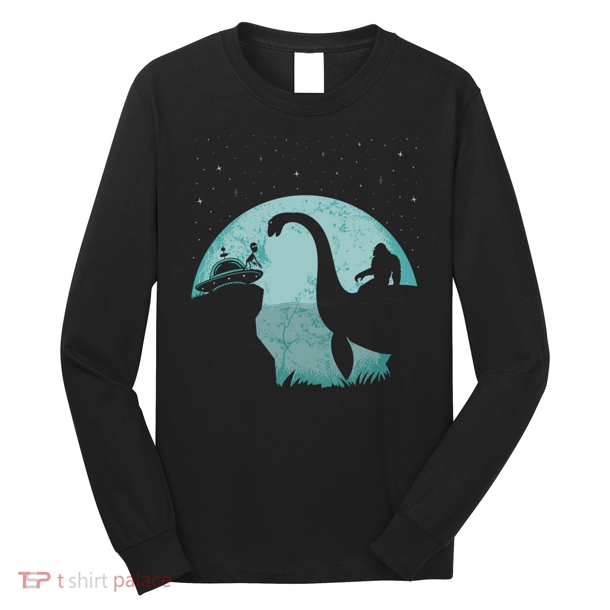 Bigfoot Riding Loch Ness Monster Sasquatch Ufo Abduction Long Sleeve Shirt