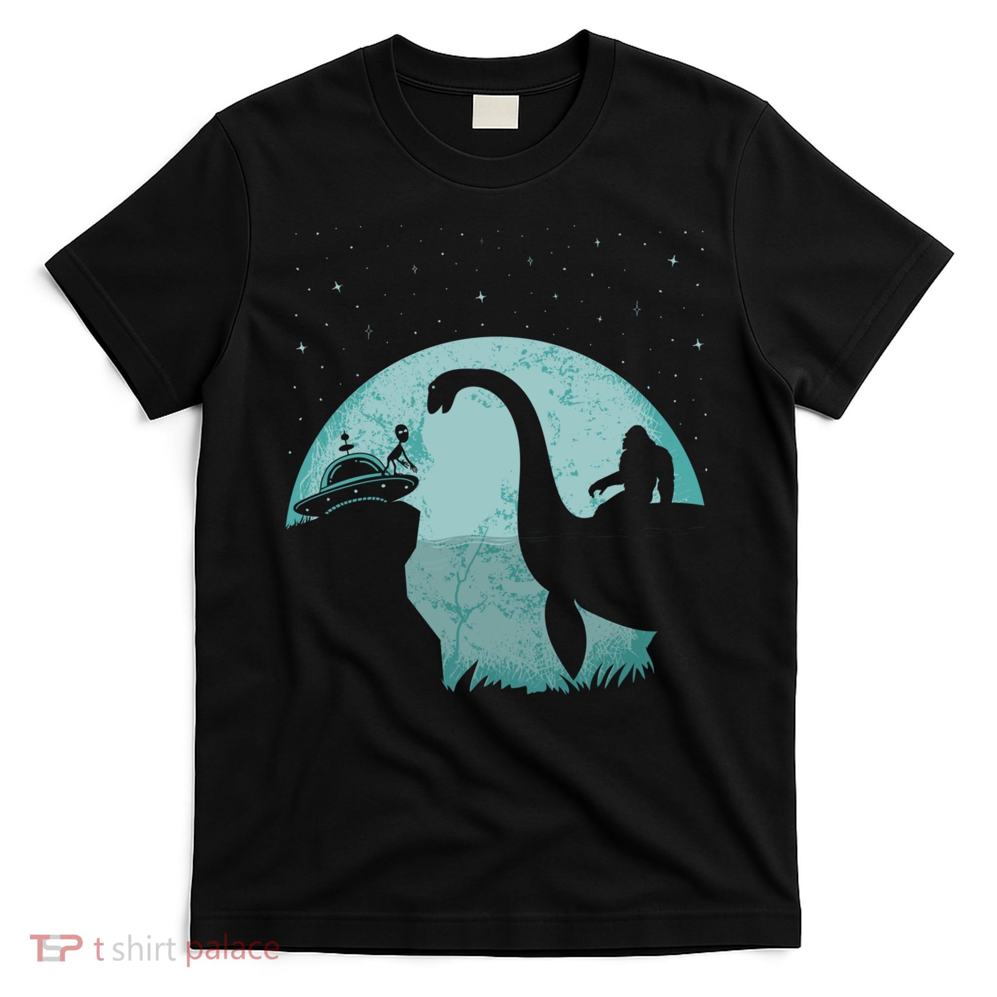 Bigfoot Riding Loch Ness Monster Sasquatch Ufo Abduction T-Shirt