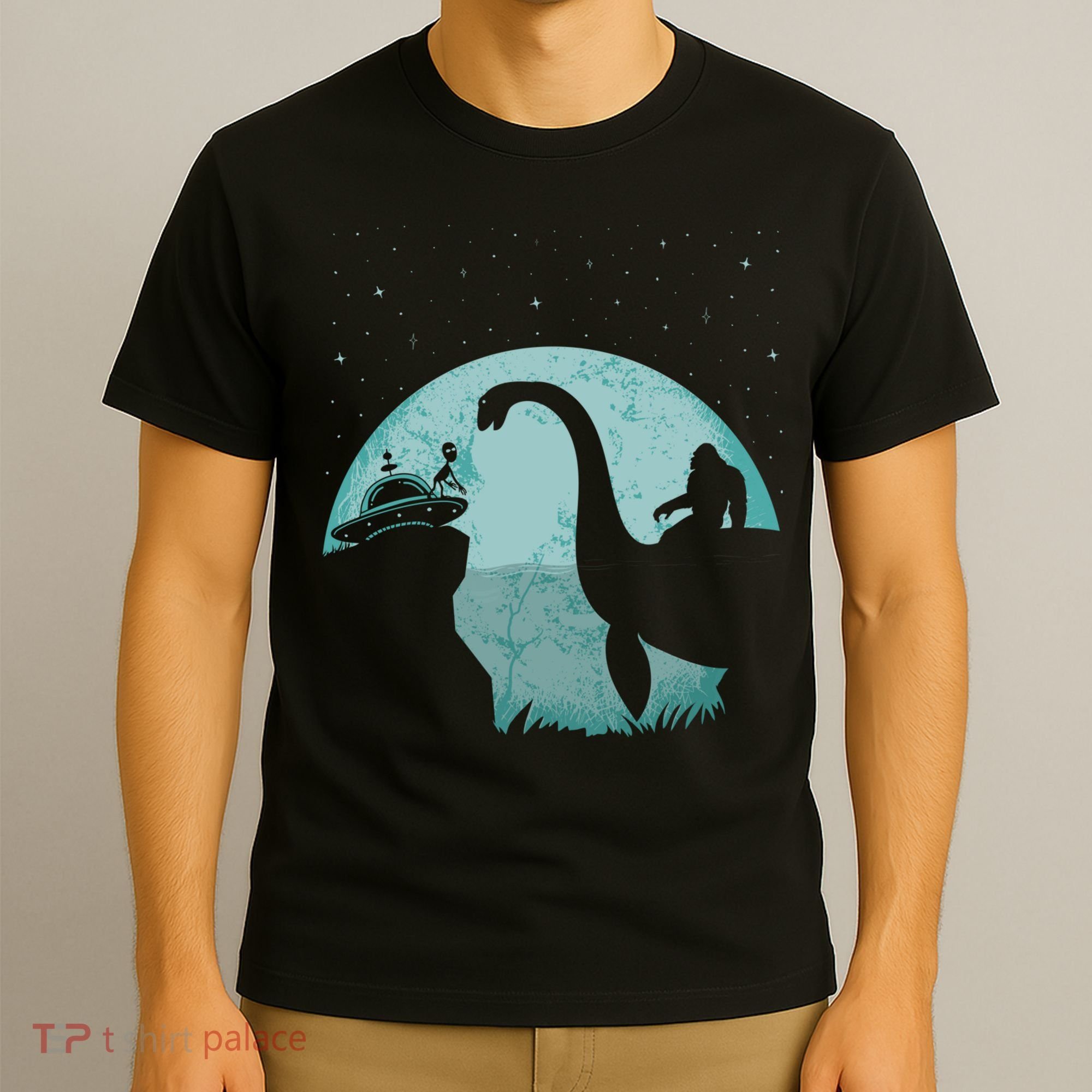 Bigfoot Riding Loch Ness Monster Sasquatch Ufo Abduction T-Shirt