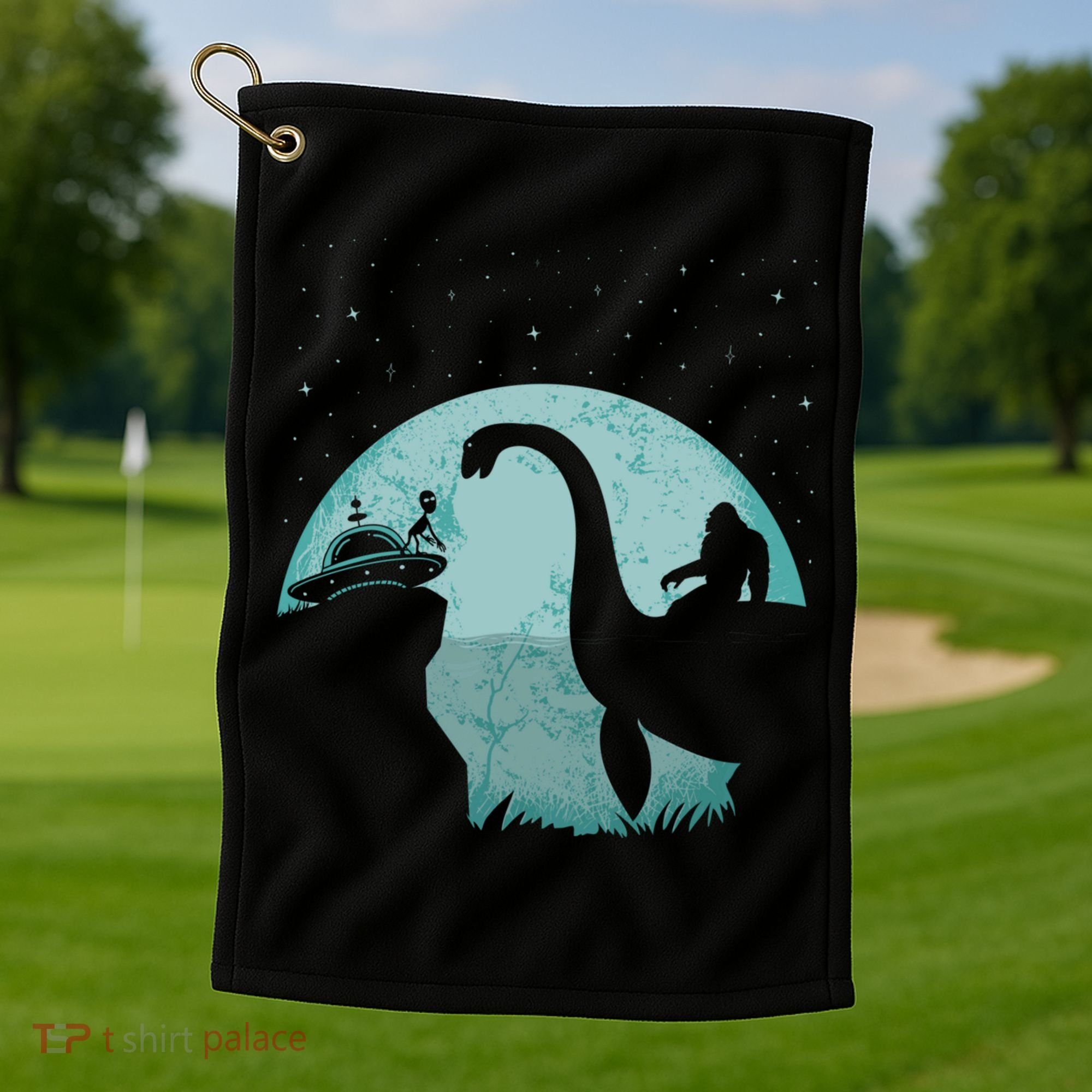Bigfoot Riding Loch Ness Monster Sasquatch Ufo Abduction Golf Towel