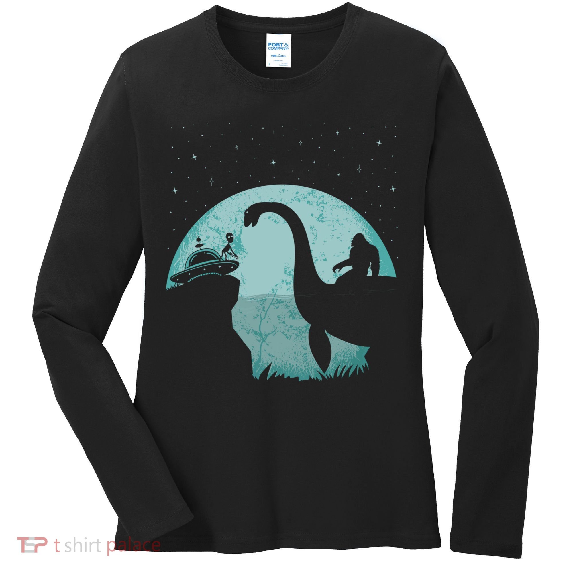 Bigfoot Riding Loch Ness Monster Sasquatch Ufo Abduction Women's Long Sleeve Shirt