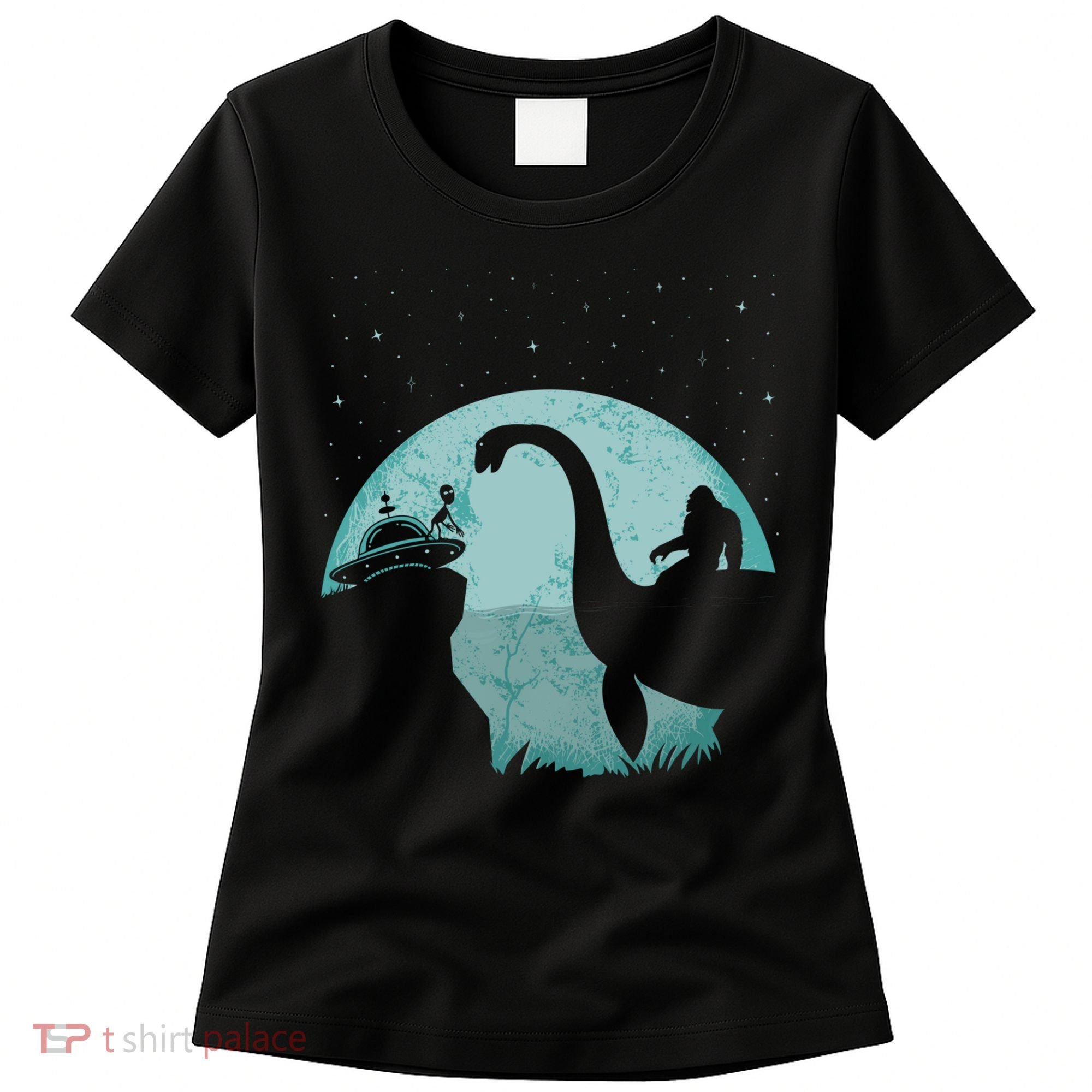 Bigfoot Riding Loch Ness Monster Sasquatch Ufo Abduction Women's T-Shirt