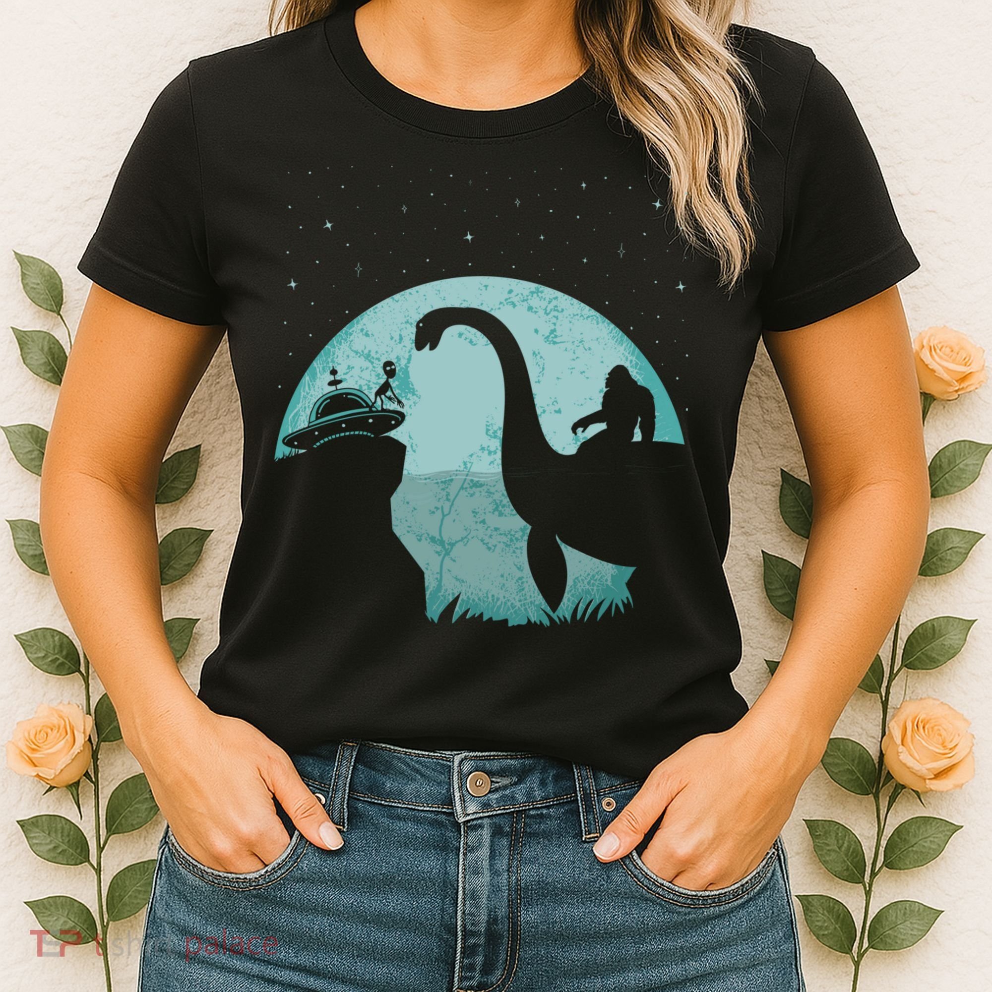 Bigfoot Riding Loch Ness Monster Sasquatch Ufo Abduction Women's T-Shirt