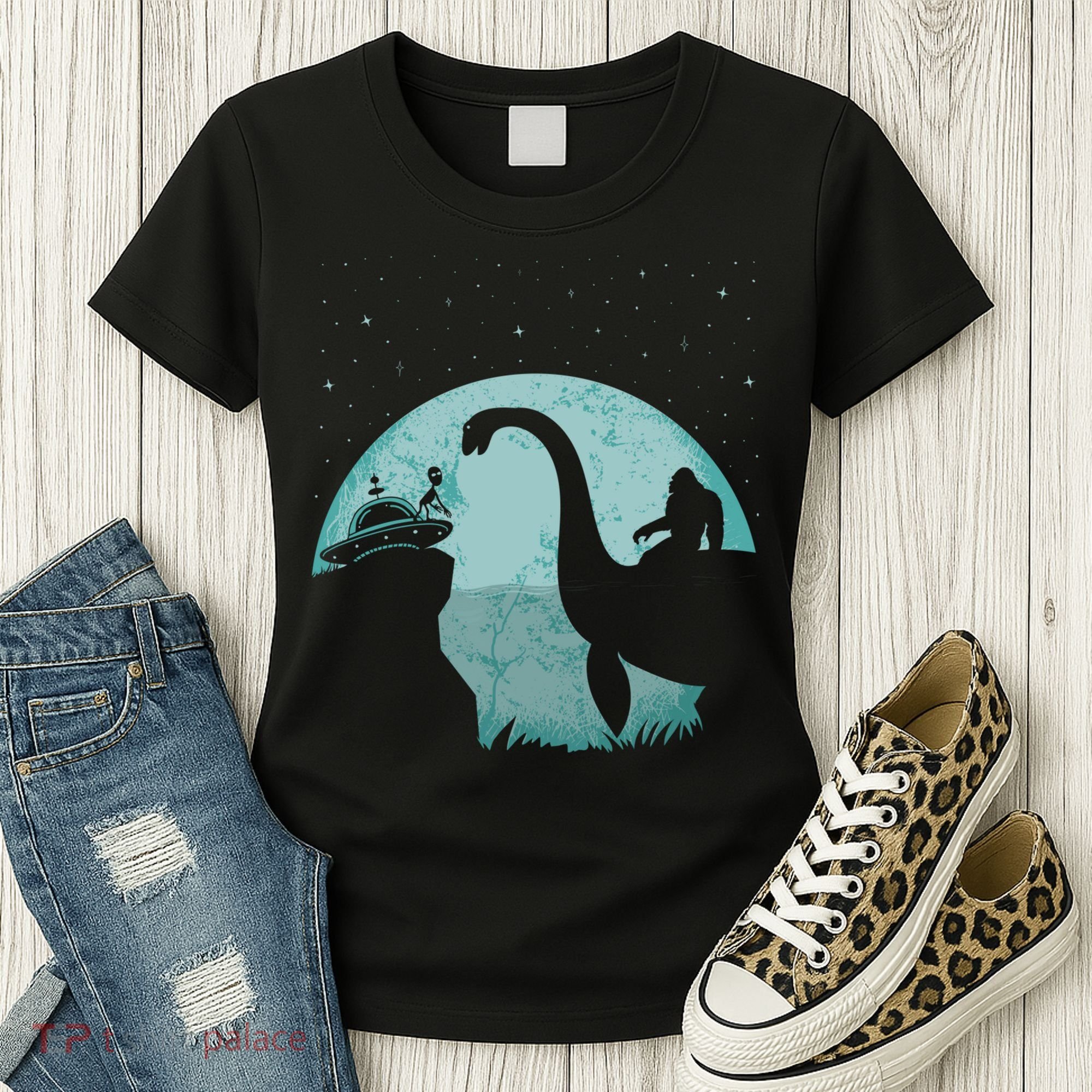 Bigfoot Riding Loch Ness Monster Sasquatch Ufo Abduction Women's T-Shirt