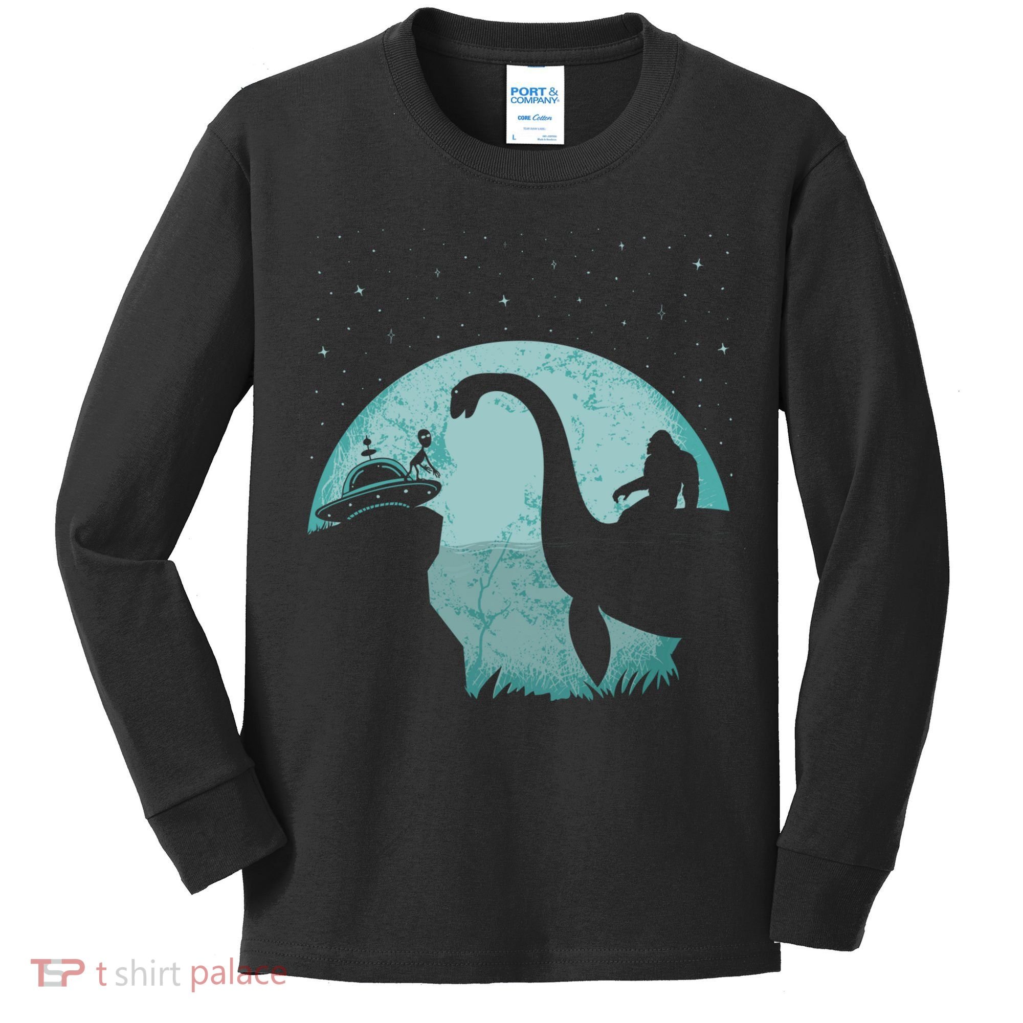 Bigfoot Riding Loch Ness Monster Sasquatch Ufo Abduction Kids Long Sleeve Shirt