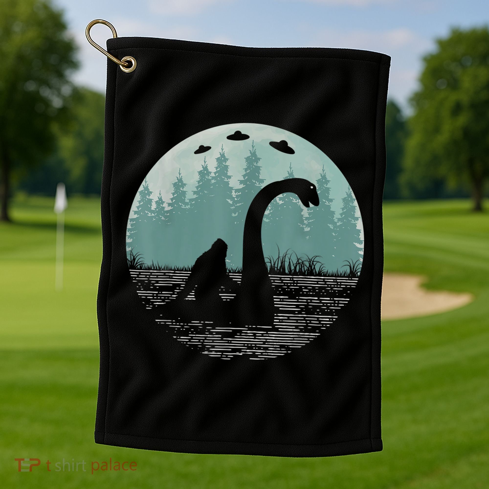 Bigfoot Riding Loch Ness Monster Nessie Funny Sasquatch Ufo Golf Towel