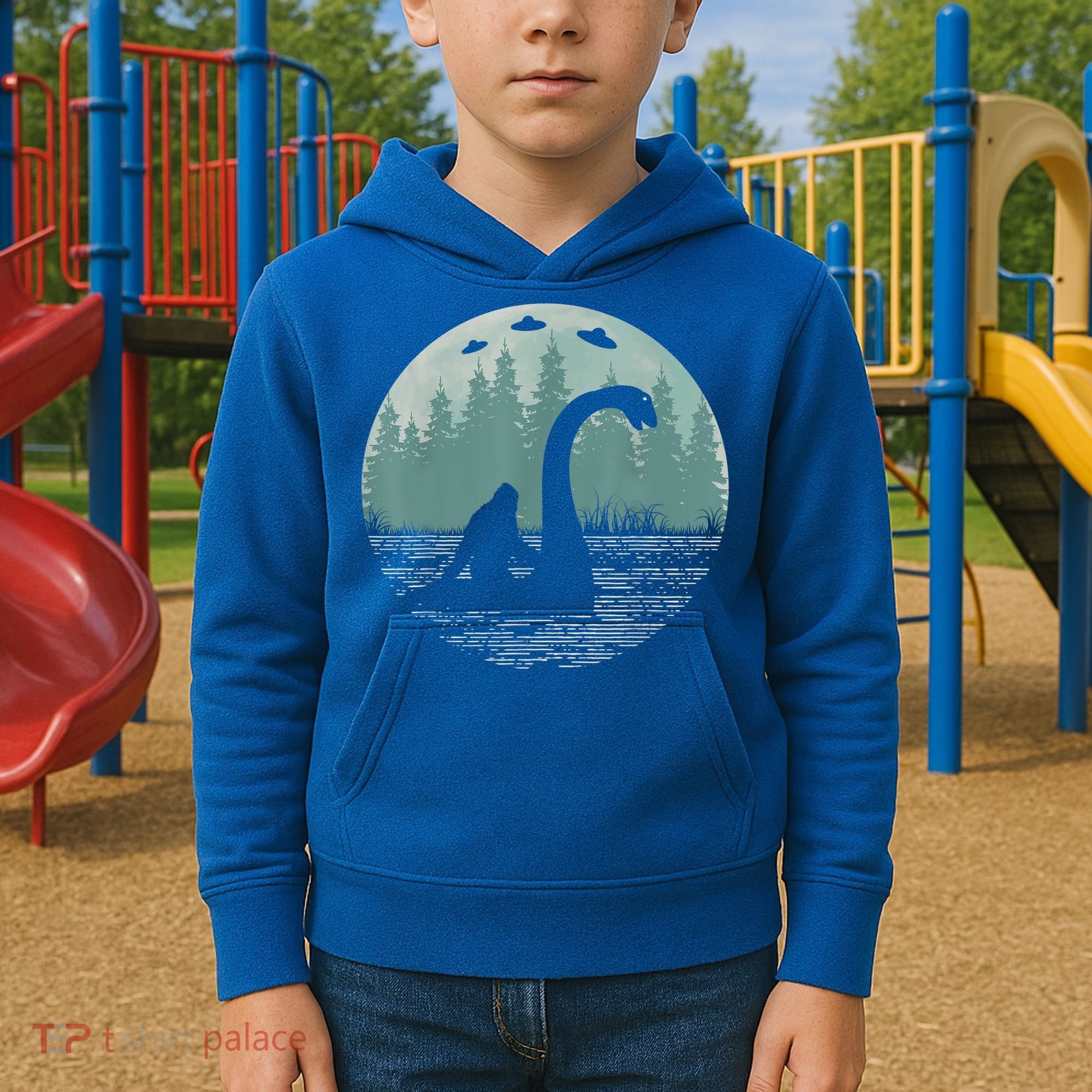 Bigfoot Riding Loch Ness Monster Nessie Funny Sasquatch Ufo Kids Hoodie