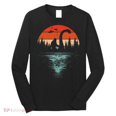 Bigfoot Riding Loch Ness Monster 80s Funny Sasquatch Nessie Long Sleeve Shirt
