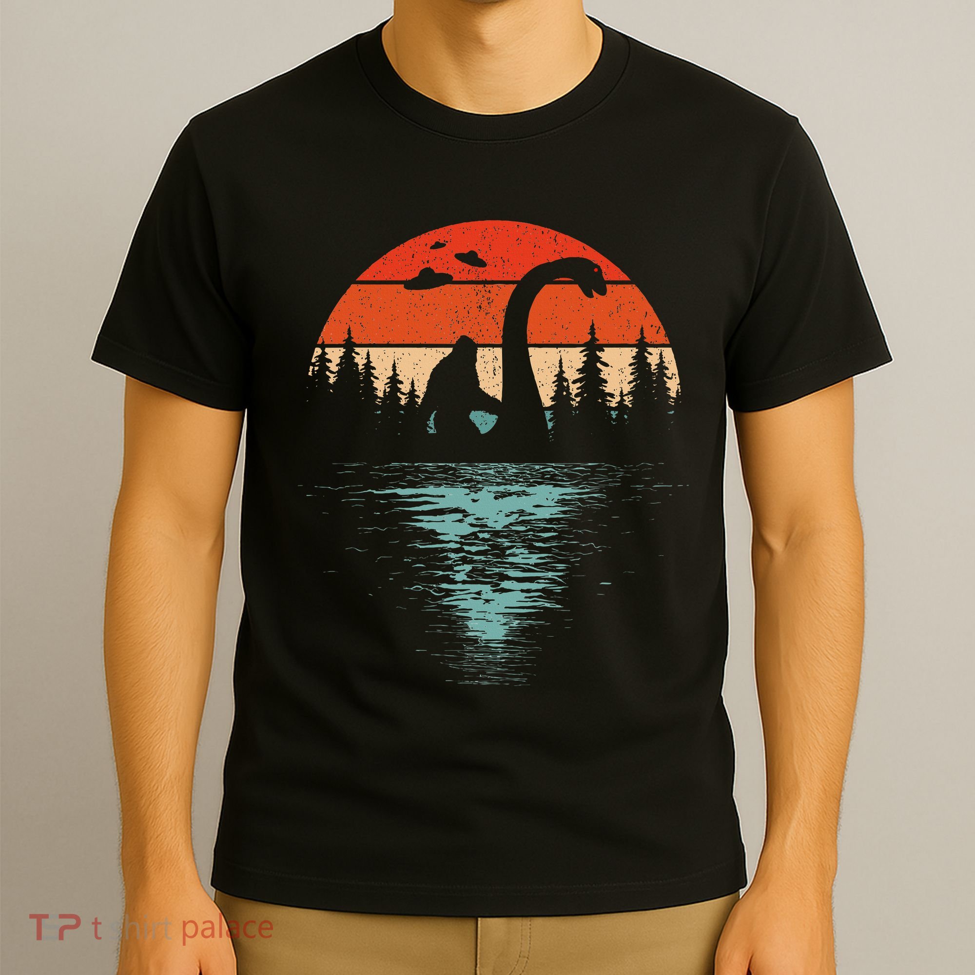 Bigfoot Riding Loch Ness Monster 80s Funny Sasquatch Nessie T-Shirt