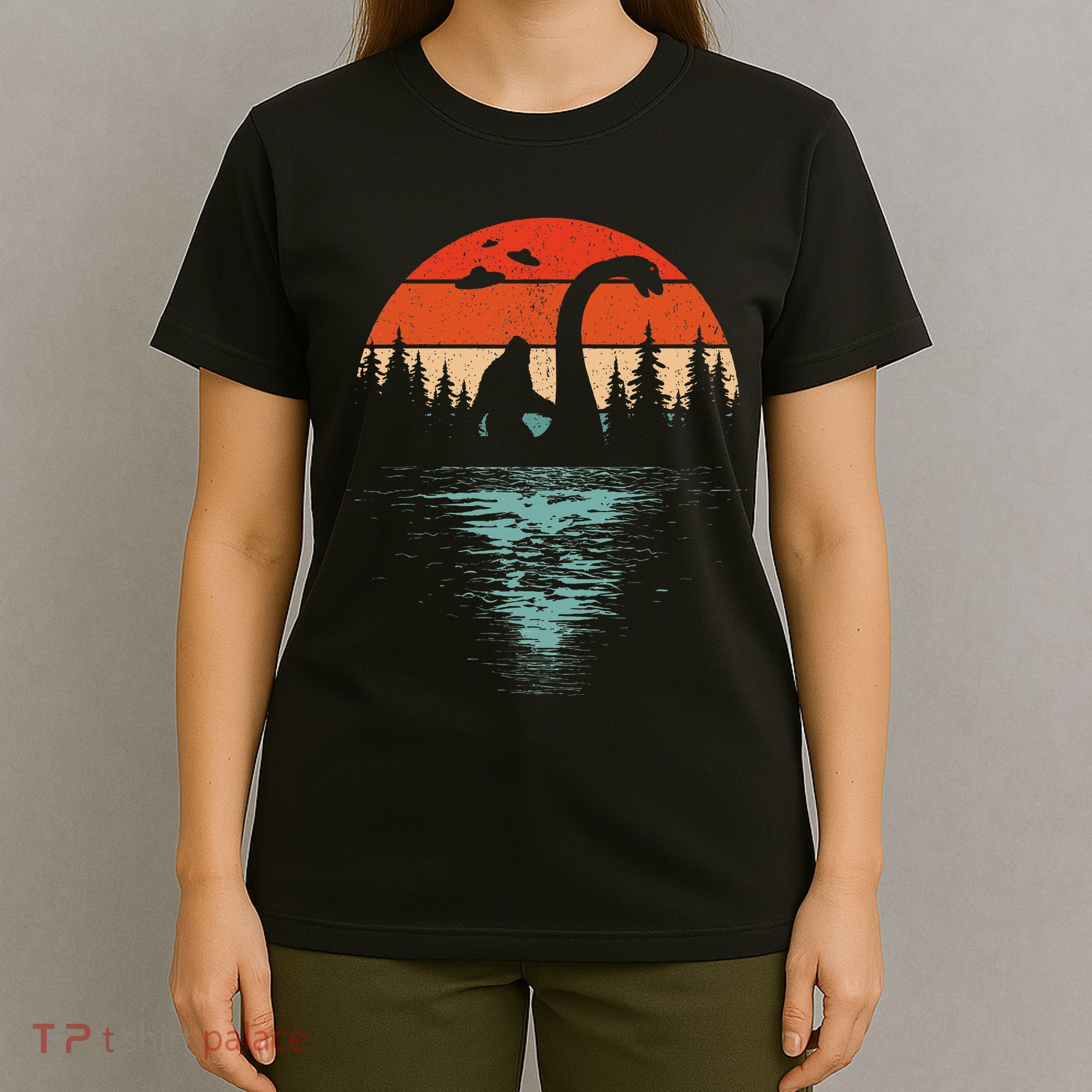Bigfoot Riding Loch Ness Monster 80s Funny Sasquatch Nessie T-Shirt