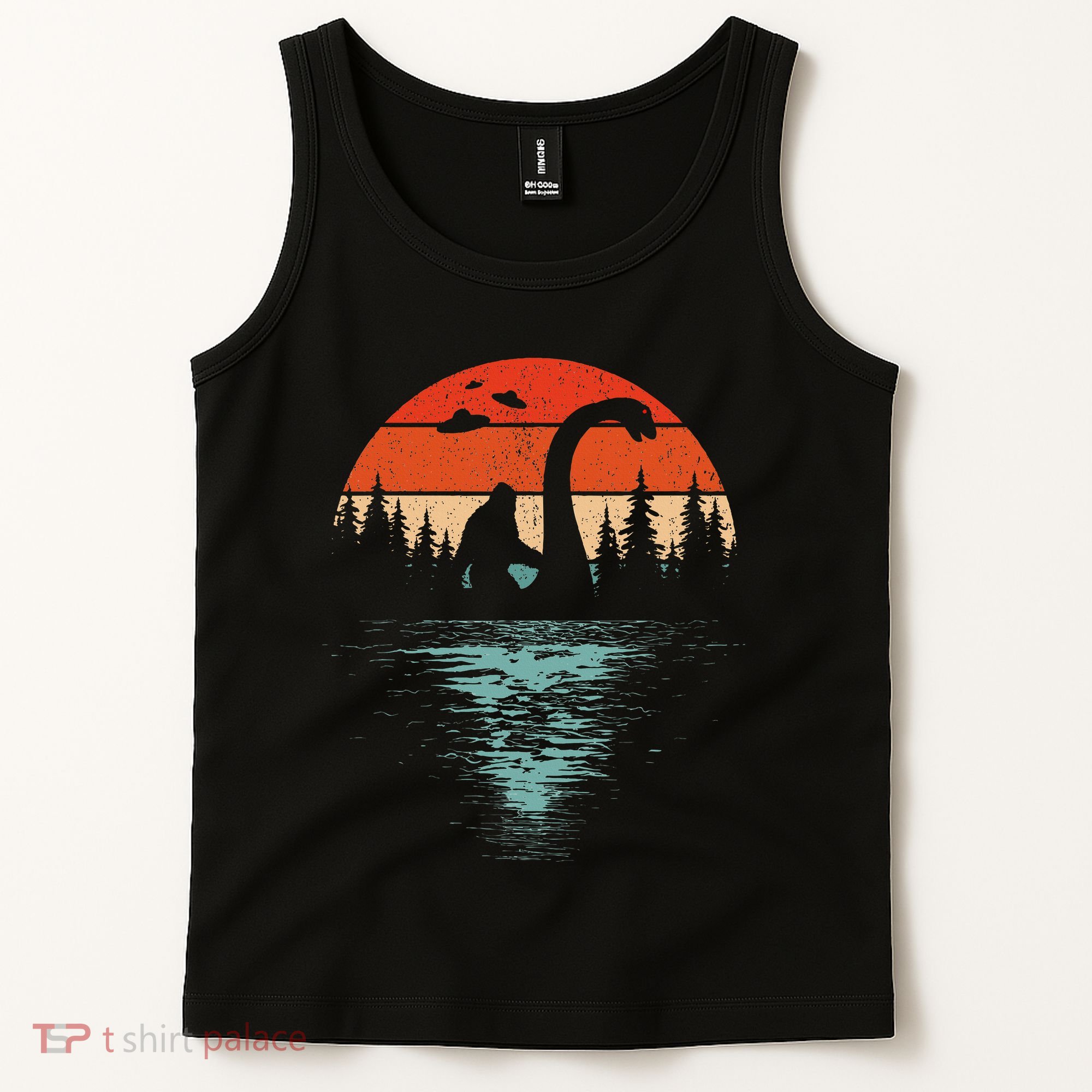 Bigfoot Riding Loch Ness Monster 80s Funny Sasquatch Nessie Tank Top