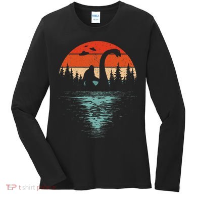 Bigfoot Riding Loch Ness Monster 80s Funny Sasquatch Nessie Women's Long Sleeve Shirt